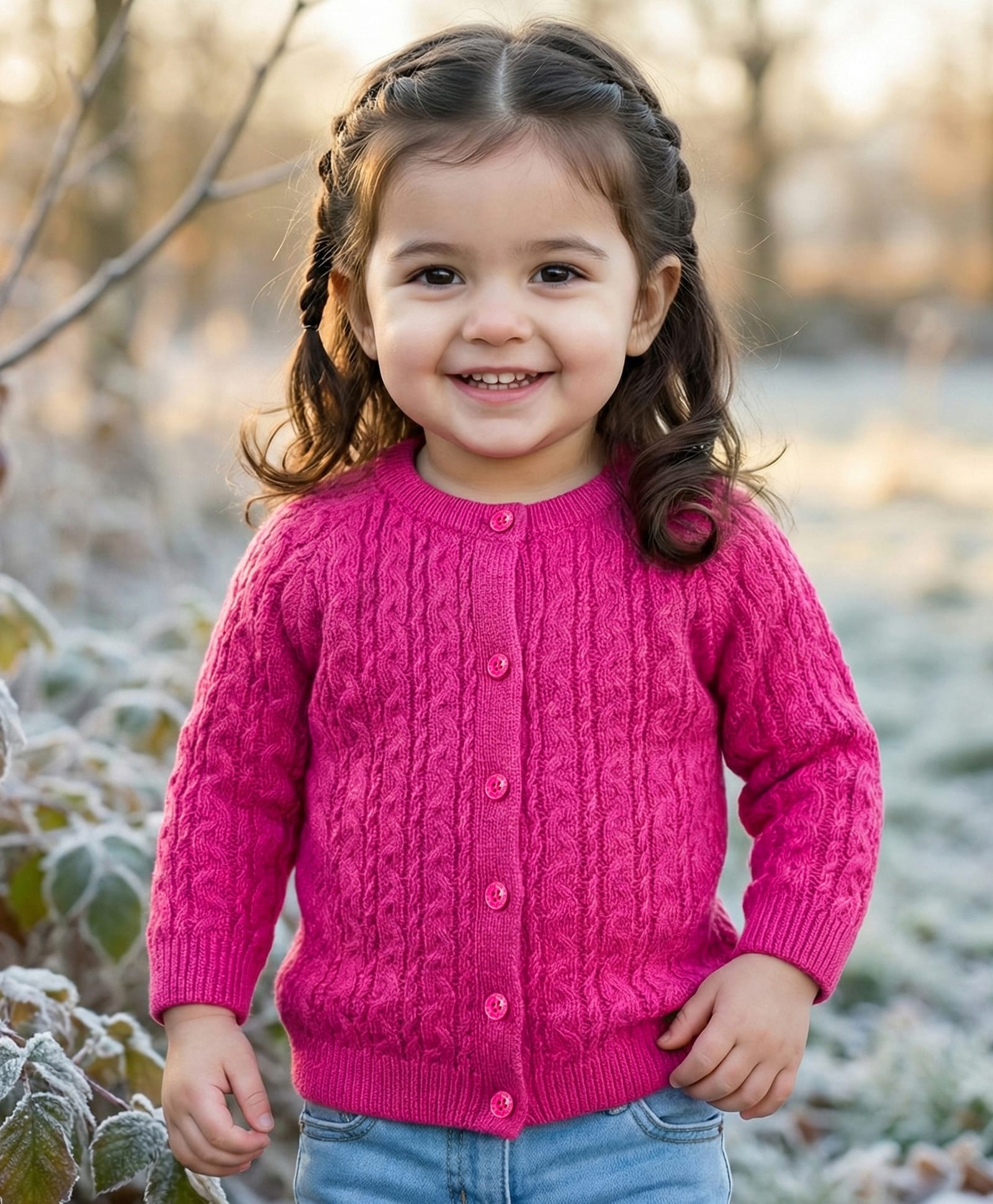 Babyhug Knit Full Raglan Sleeves Front Open Sweater with Cable Knit Design - Dark Pink