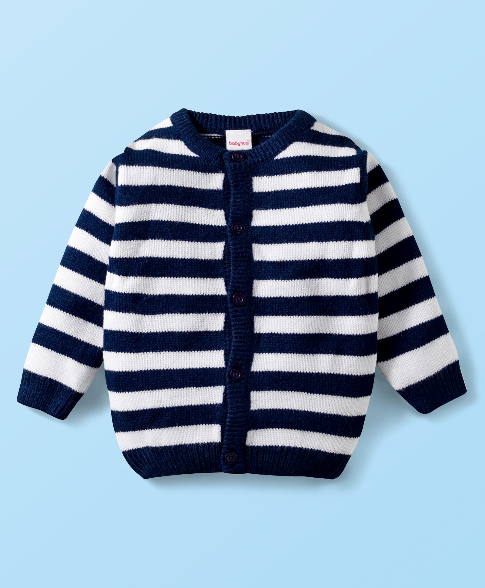 Babyhug Knitted Full Sleeves Striped Front Open Sweater - Navy Blue & White-image-5