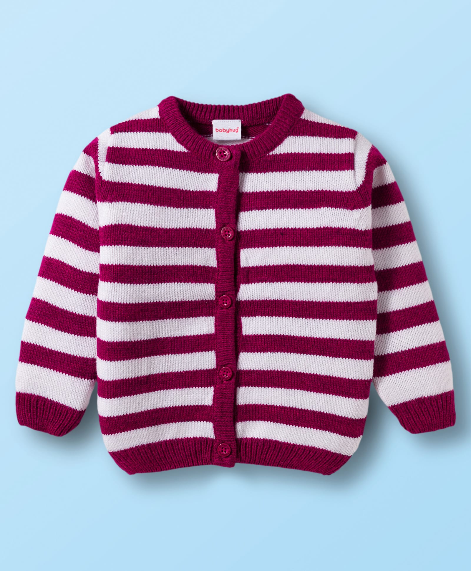 Babyhug Knitted Full Sleeves Striped Front Open Sweater - Wine & White-image-28