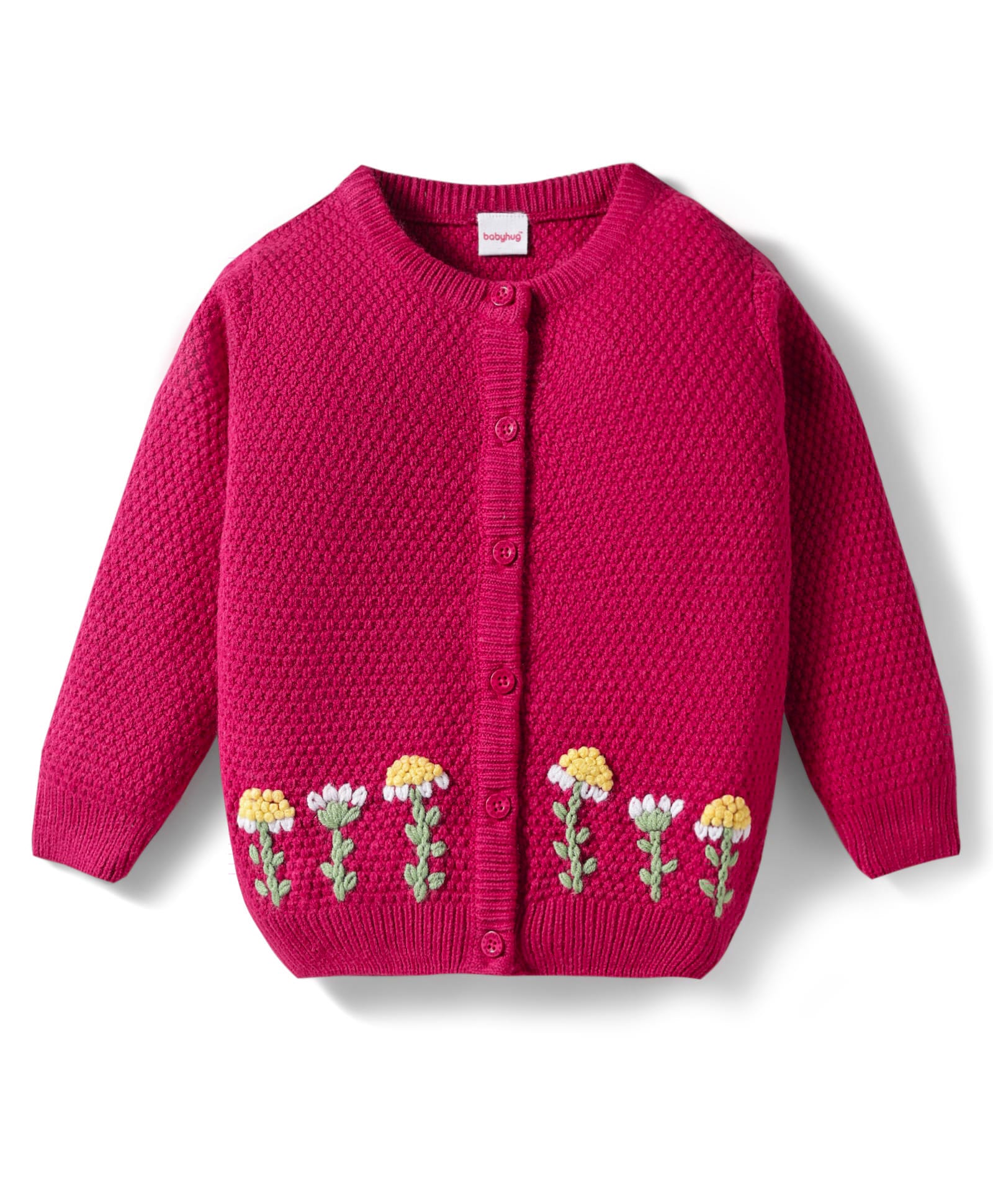 Babyhug Knit Full Sleeves Front Open Sweater with Floral Embroidery - Red-image-44