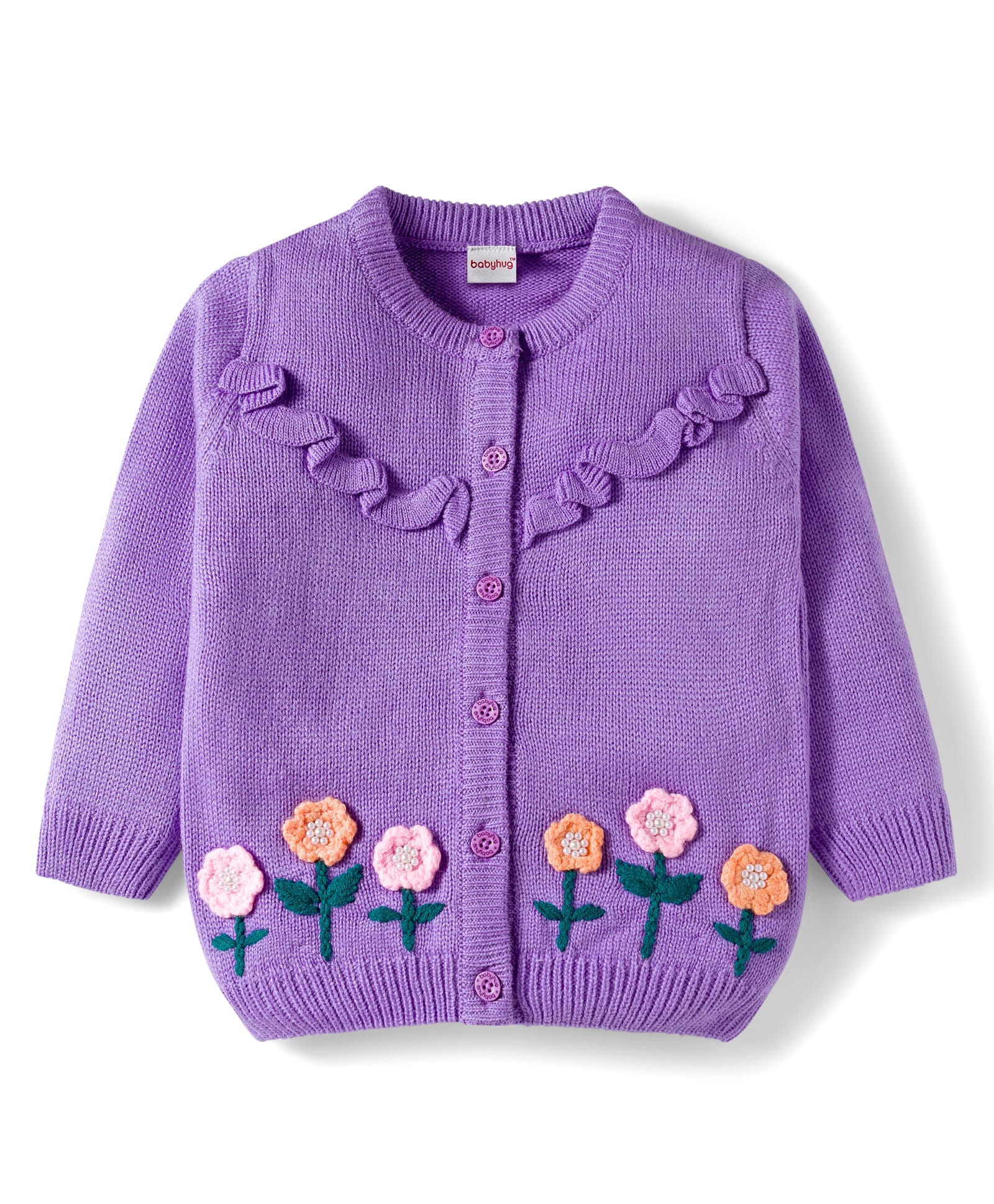 Babyhug Knit Full Sleeves Front Open Sweaters with Frill Detailing & Floral Embroidery - Lavender-image-25