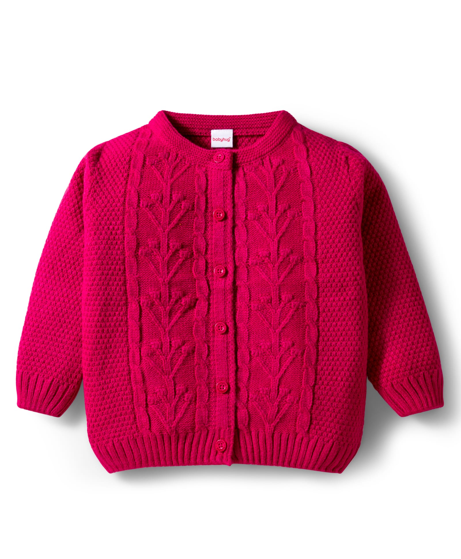 Babyhug Knit Full Sleeves Front Open Sweater with Floral Cable Knit Design - Fuchsia