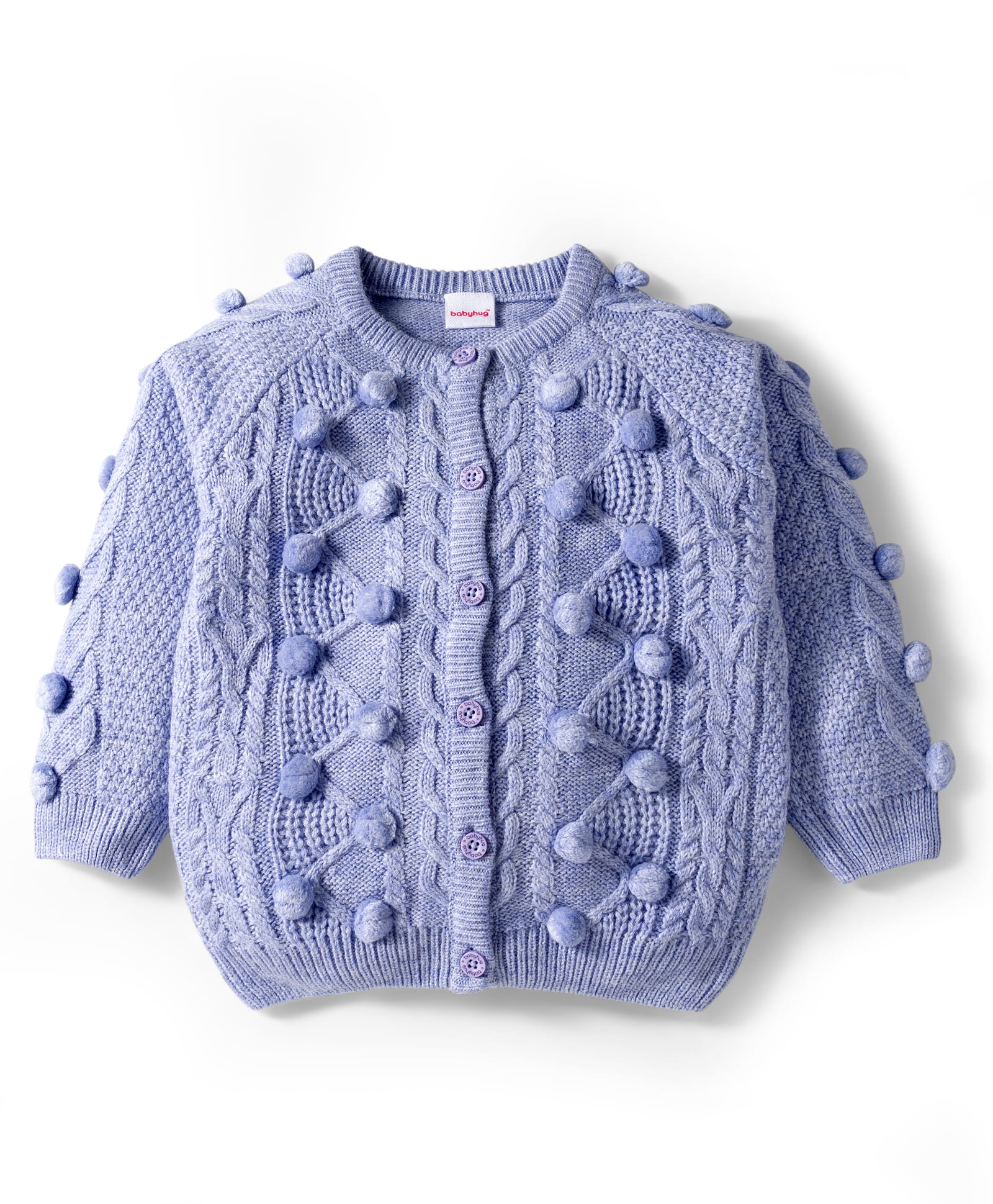 Babyhug Knit Full Raglan Sleeves Front Open Sweater with Cable Knit Design & Pom Pom Applique - Lavender
