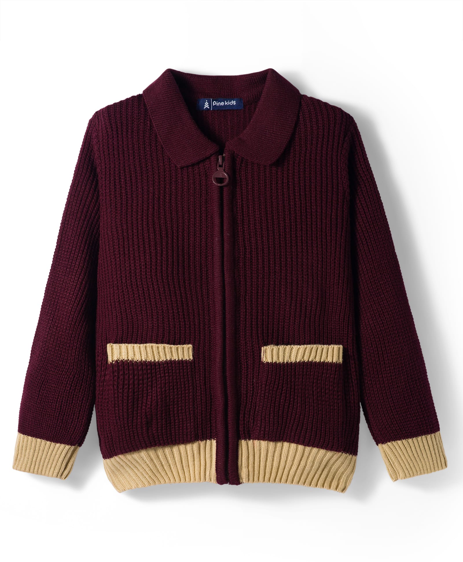 Pine Kids Knitted Full Sleeves Solid Front Open Sweater - Wine-picture-17