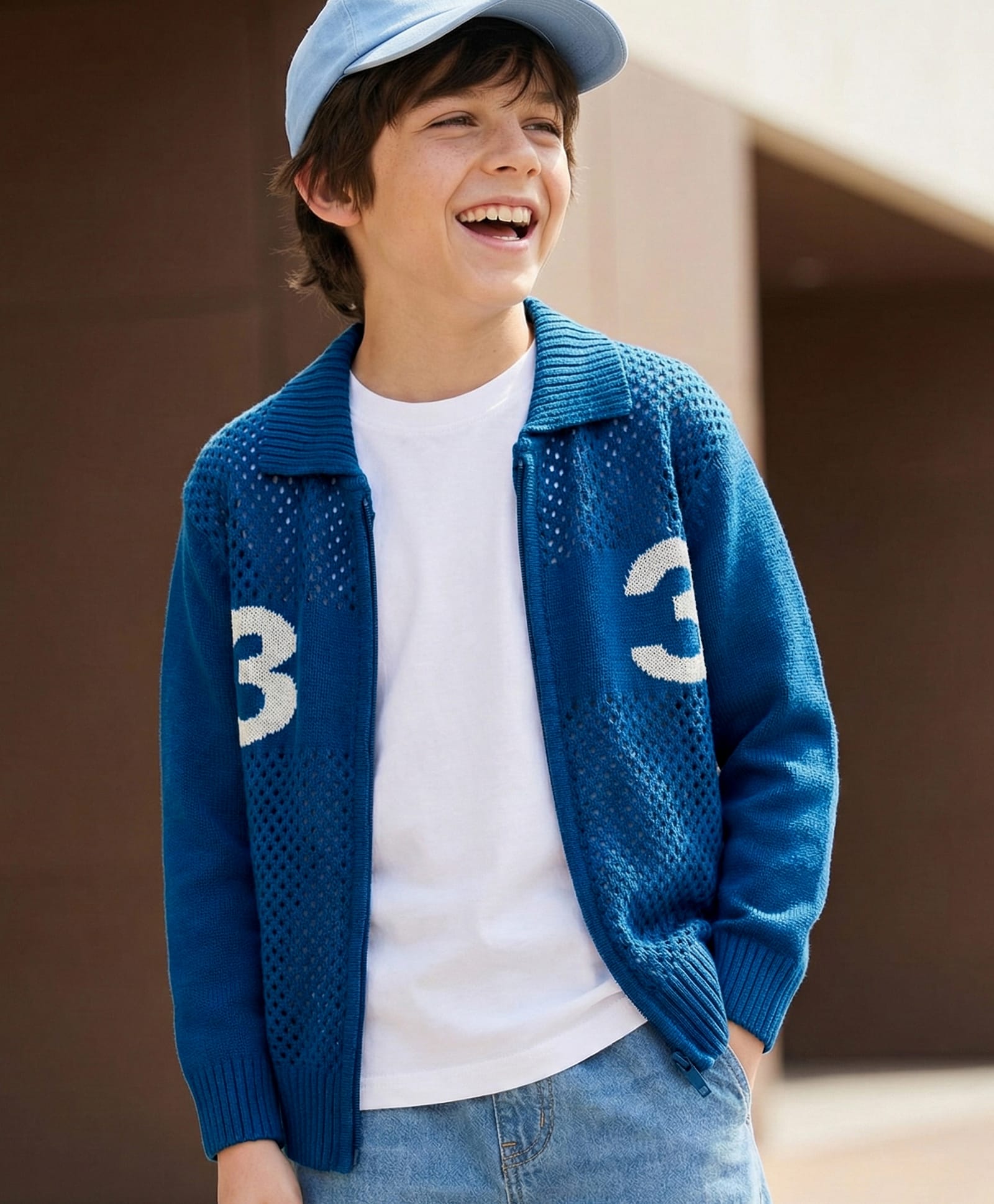 Pine Kids Knit Full Sleeves Front Open Sweater With Inner Tee & Number Print - Blue-picture-11