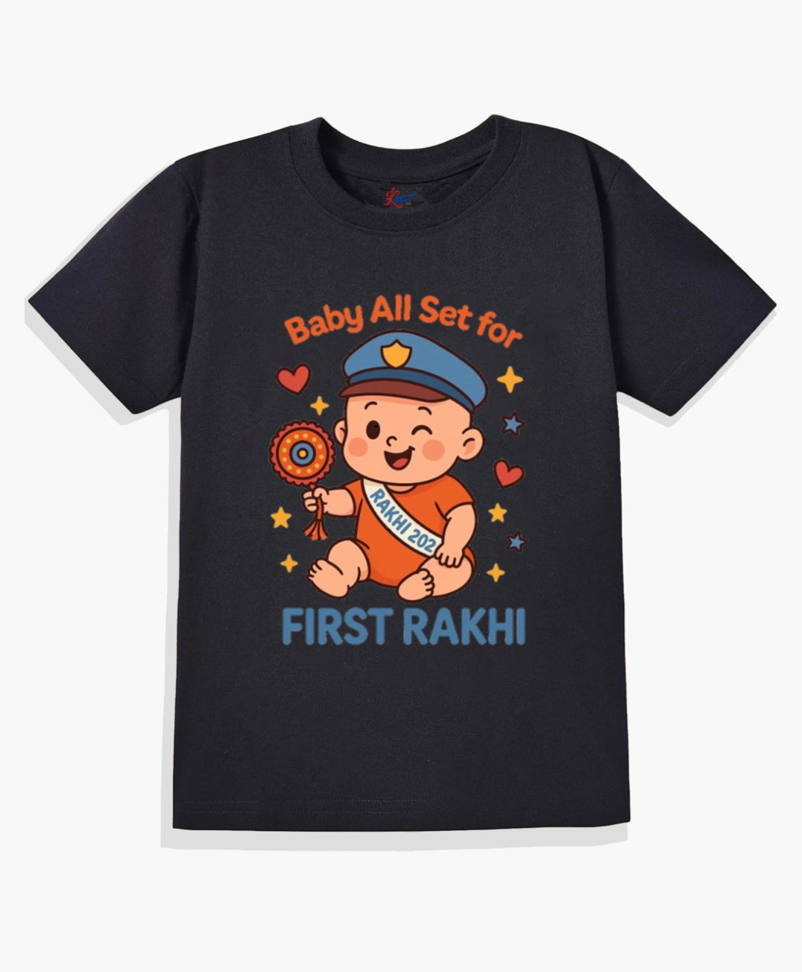 KAVEE Pure Cotton Knit Raksha Bandhan Theme Half Sleeves Baby All Set For First Rakhi Text Printed Biowashed Tee - Black-image-34