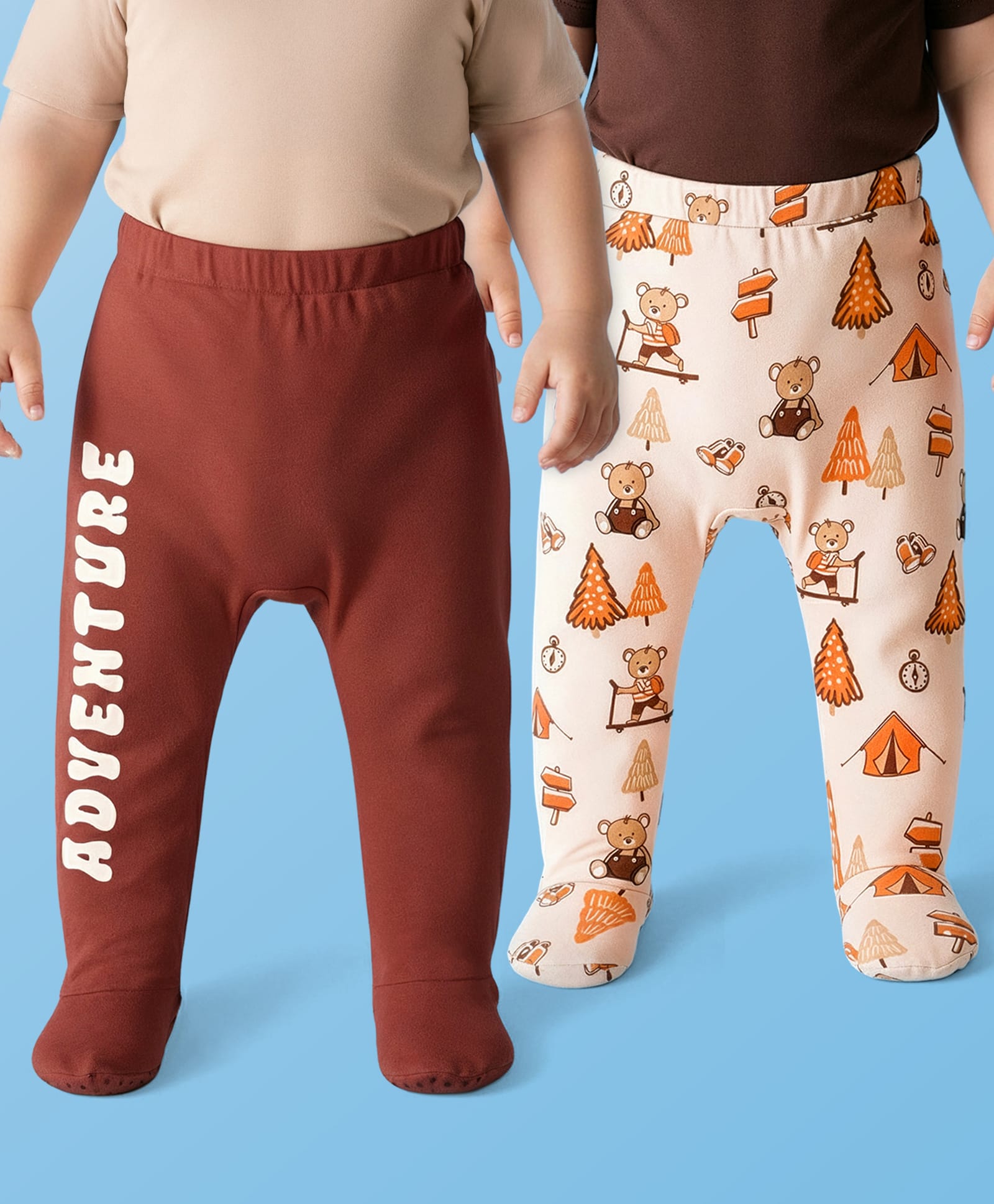 Babyoye 100% Cotton Knit Footed Diaper Leggings with Adventure Print Pack of 2 - Maroon & Beige