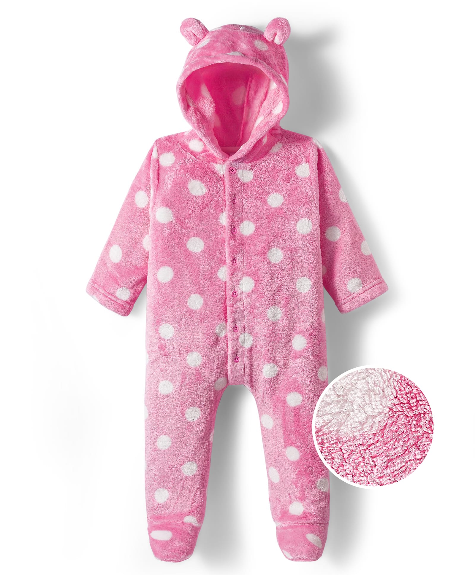 Babyhug Woven Full Sleeves Romper With Polka Dot & Ear Applique - Pink-image-17