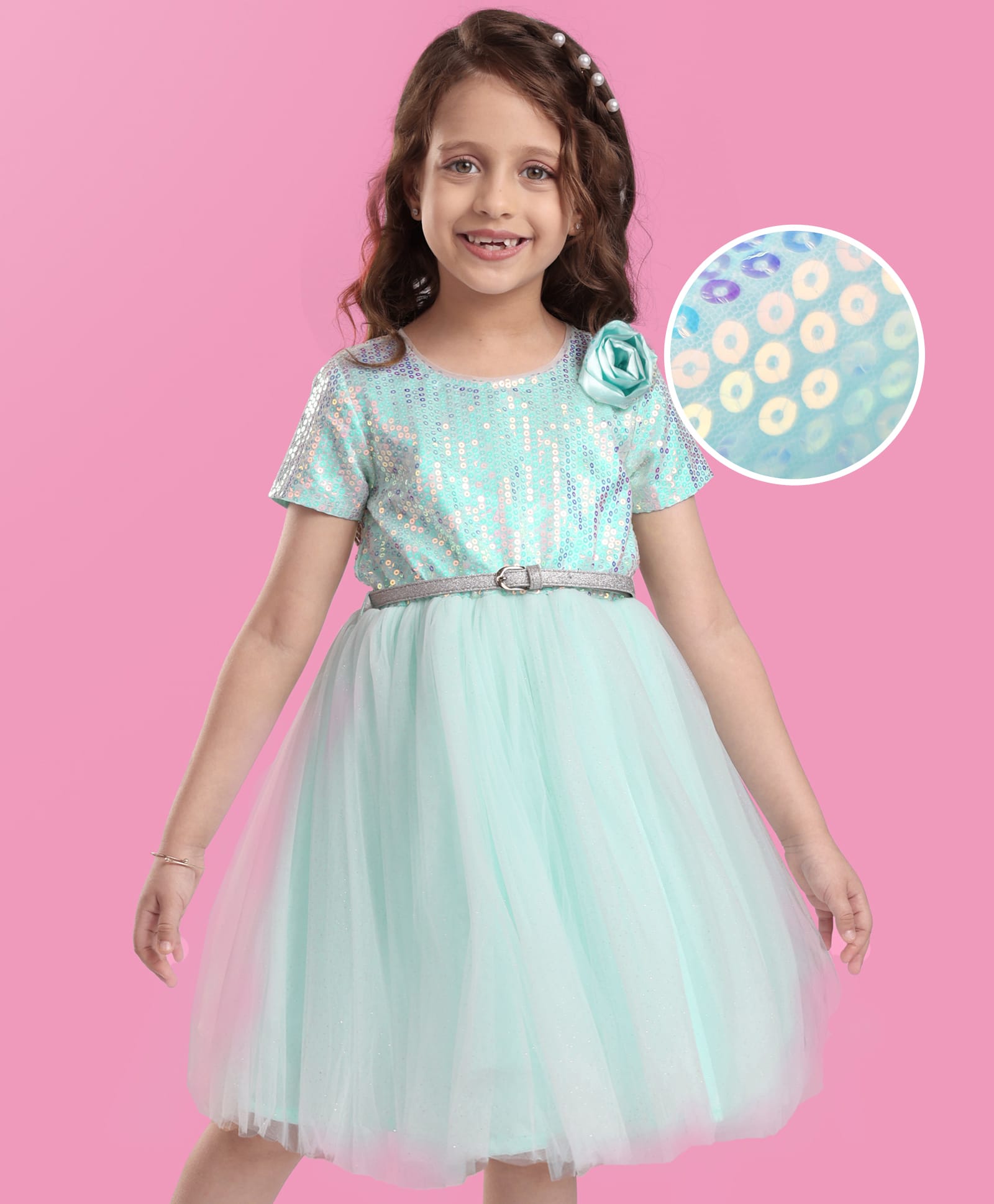 Hola Bonita Knit Half Sleeves Glitter Mesh Party Dress With Sequin Detailing & Floral Applique - Light Blue-picture-21