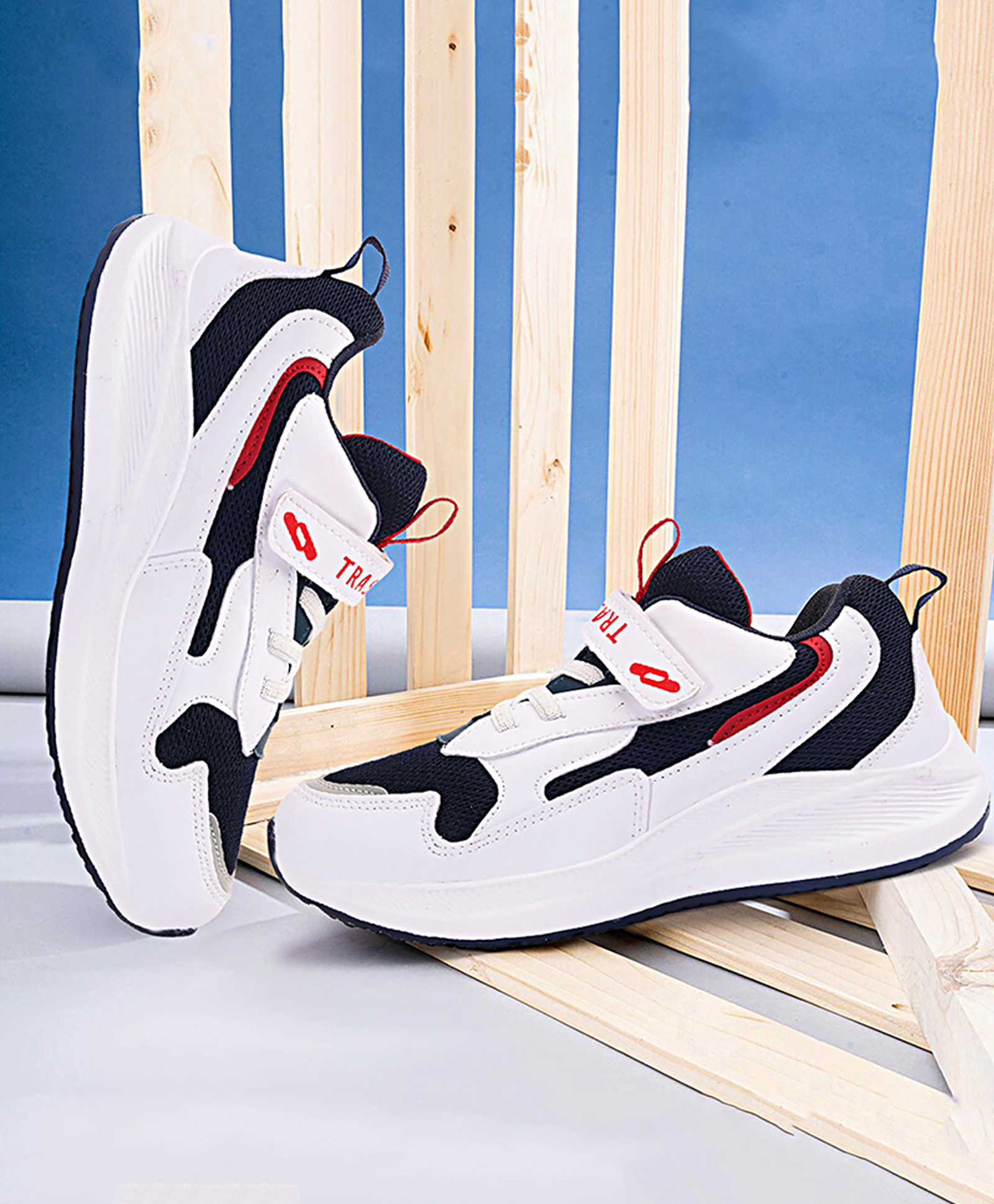 TRASE Colour Blocked Velcro Closure Sneakers - White & Navy Blue-image-47