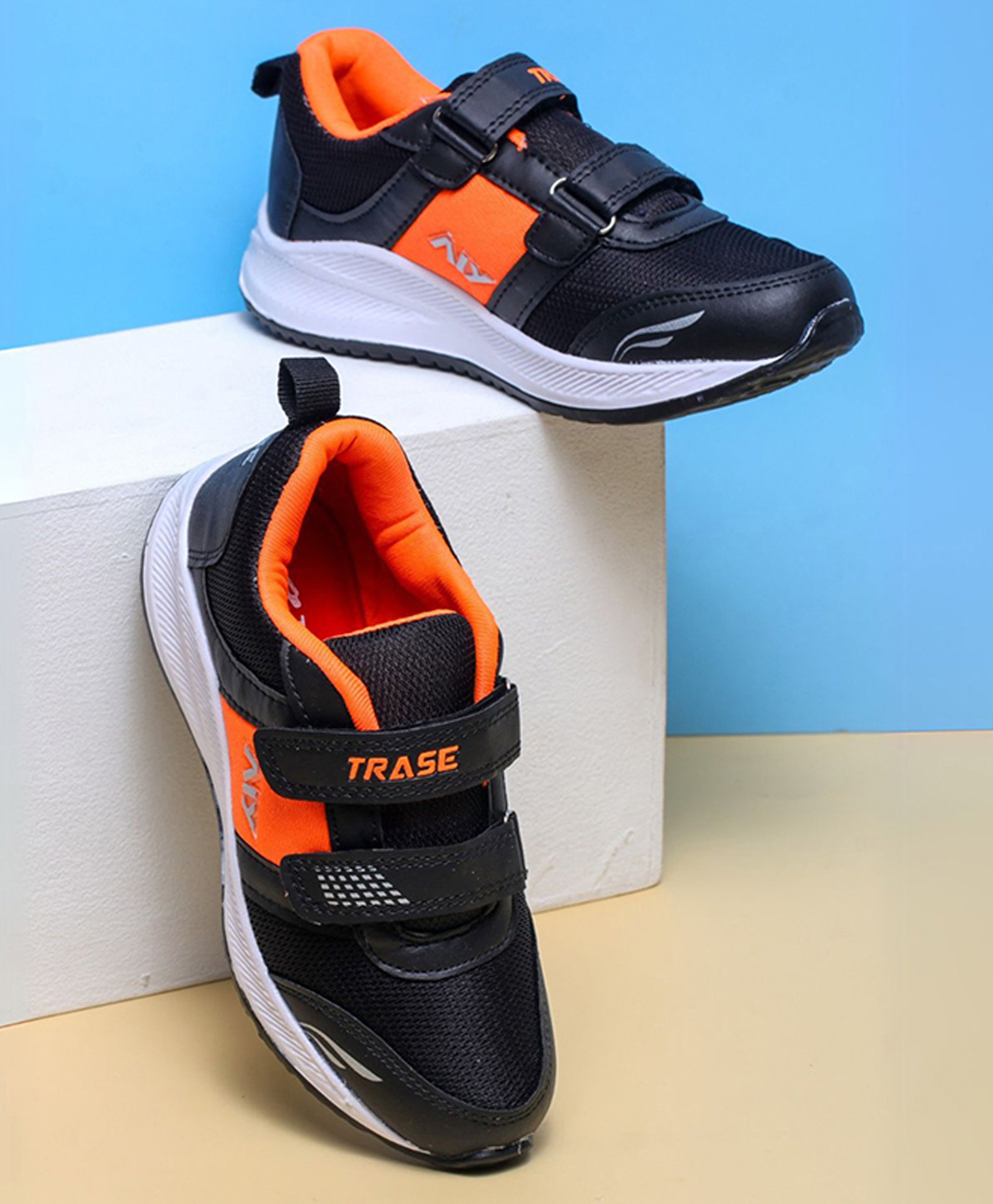 TRASE Colour Blocked Double Velcro Closure Sneakers - Black & Orange-image-17