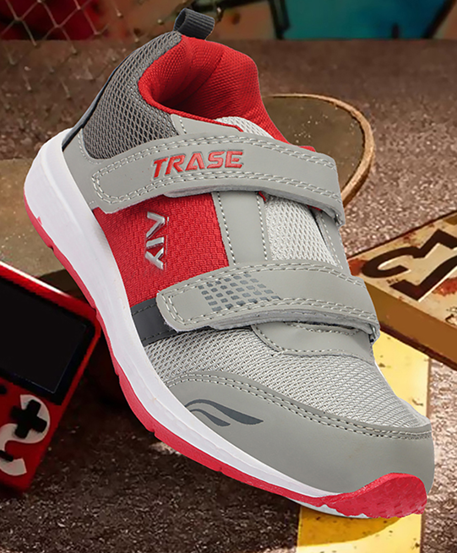 TRASE Colour Blocked Double Velcro Closure Sneakers - Grey & Red-image-13