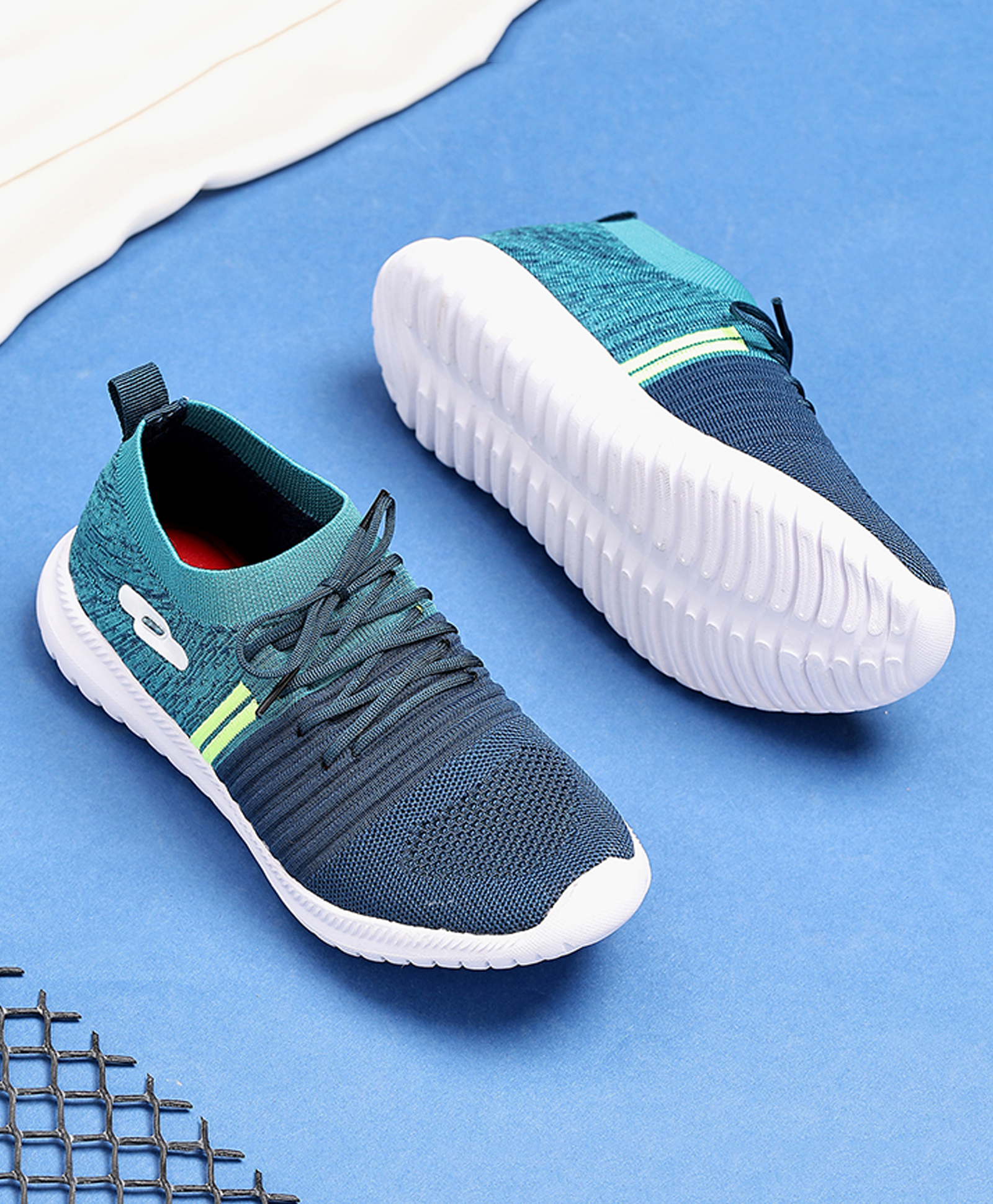 TRASE Colour Blocked & Abstract Designed Lace Up Sneakers - Blue & Parrot Green-image-38