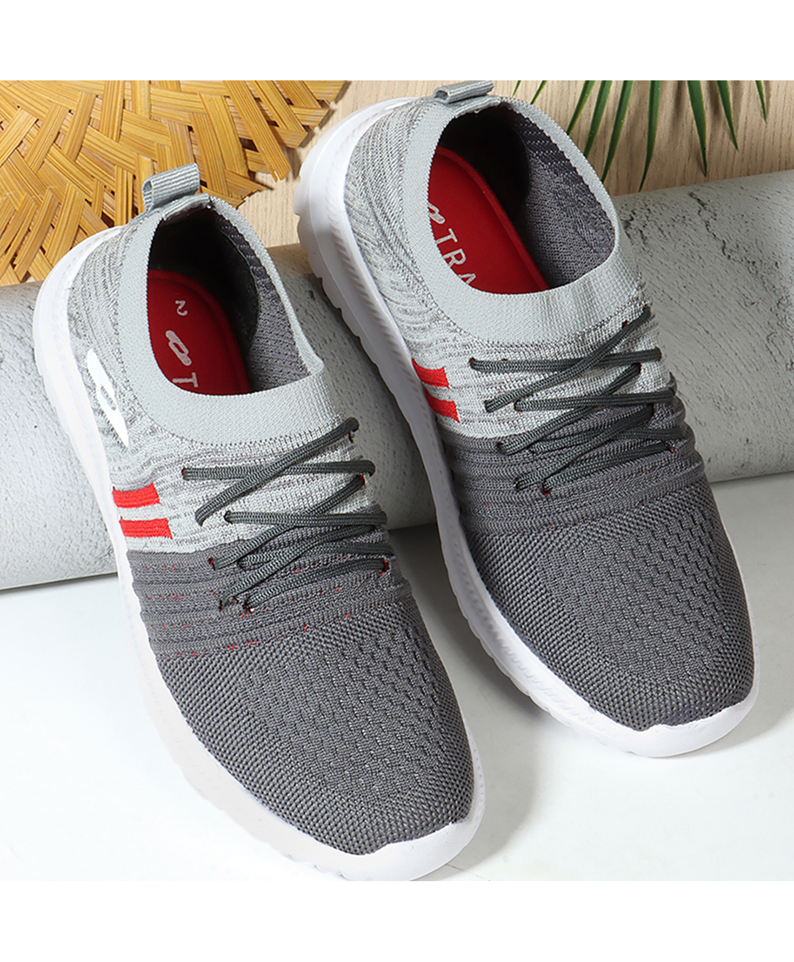TRASE Colour Blocked & Abstract Designed Lace Up Sneakers - Grey & Red-image-14