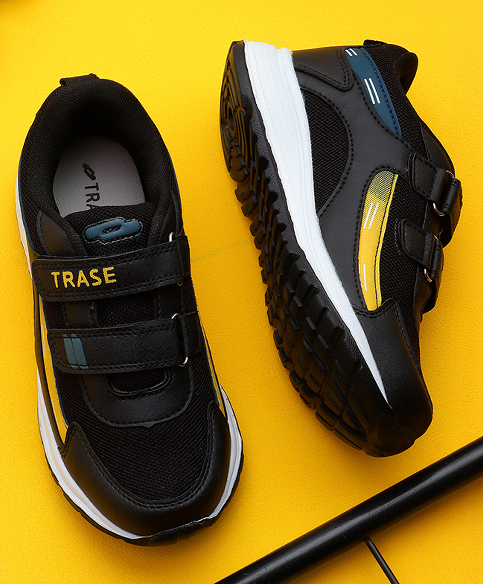 TRASE Colour Blocked Double Velcro Closure Sneakers - Black & Yellow-image-12
