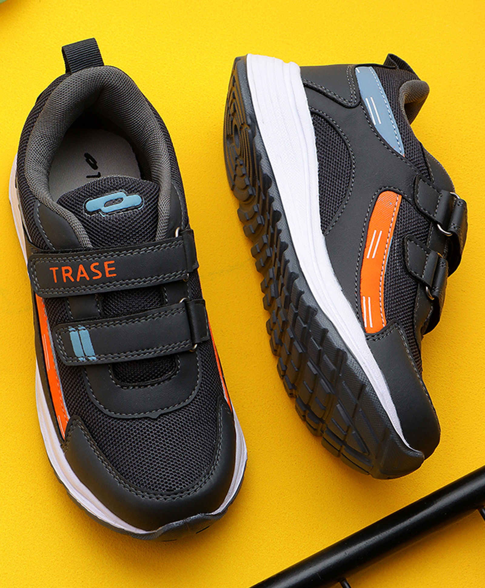 TRASE Colour Blocked Double Velcro Closure Sneakers - Grey & Orange-image-41
