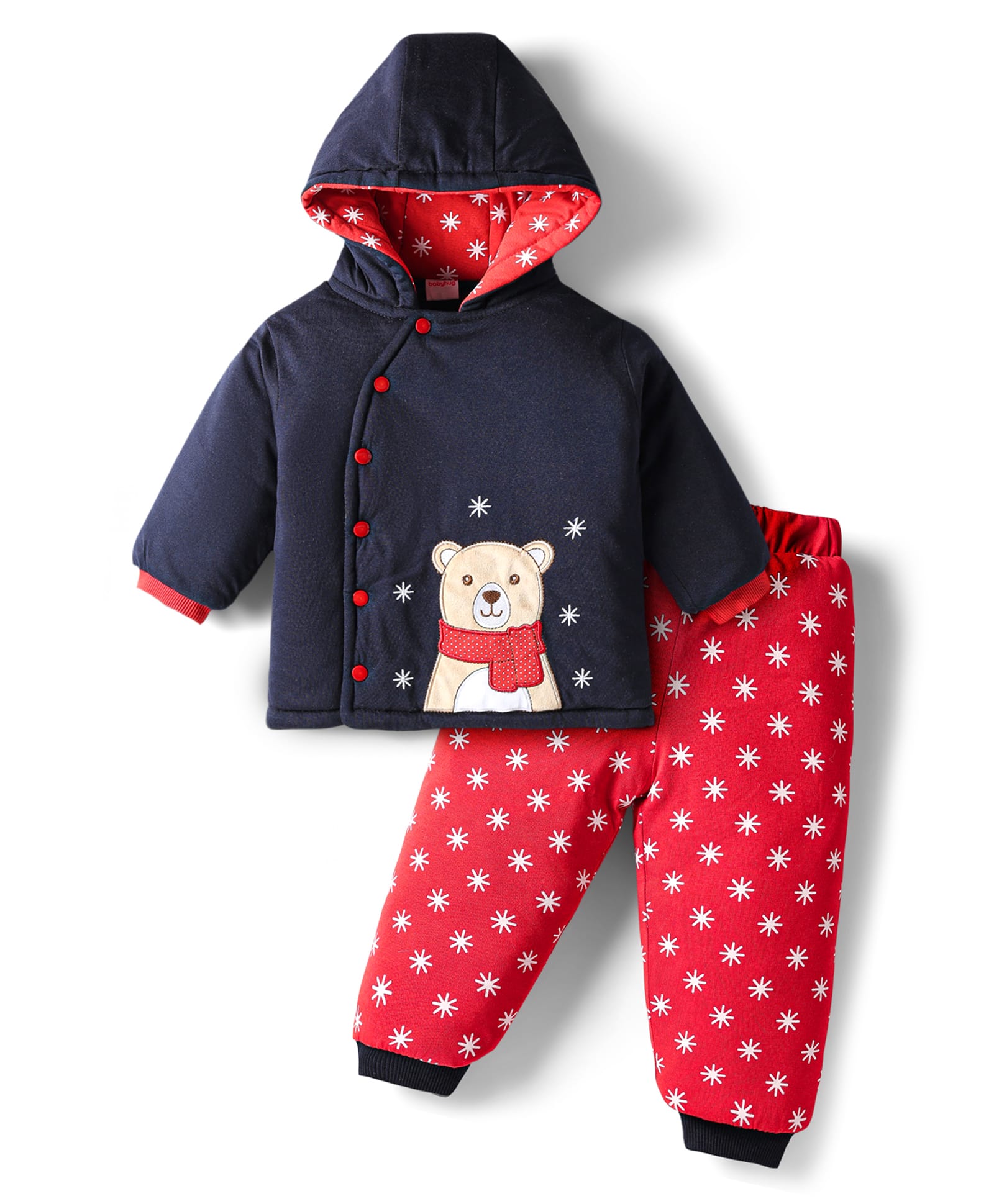 Babyhug Knit Full Sleeves Winter Wear Hooded Sweatshirt & Lounge Pant Set With Polar Bear Patch & Snowflakes Print - Navy Blue & Red-image-15