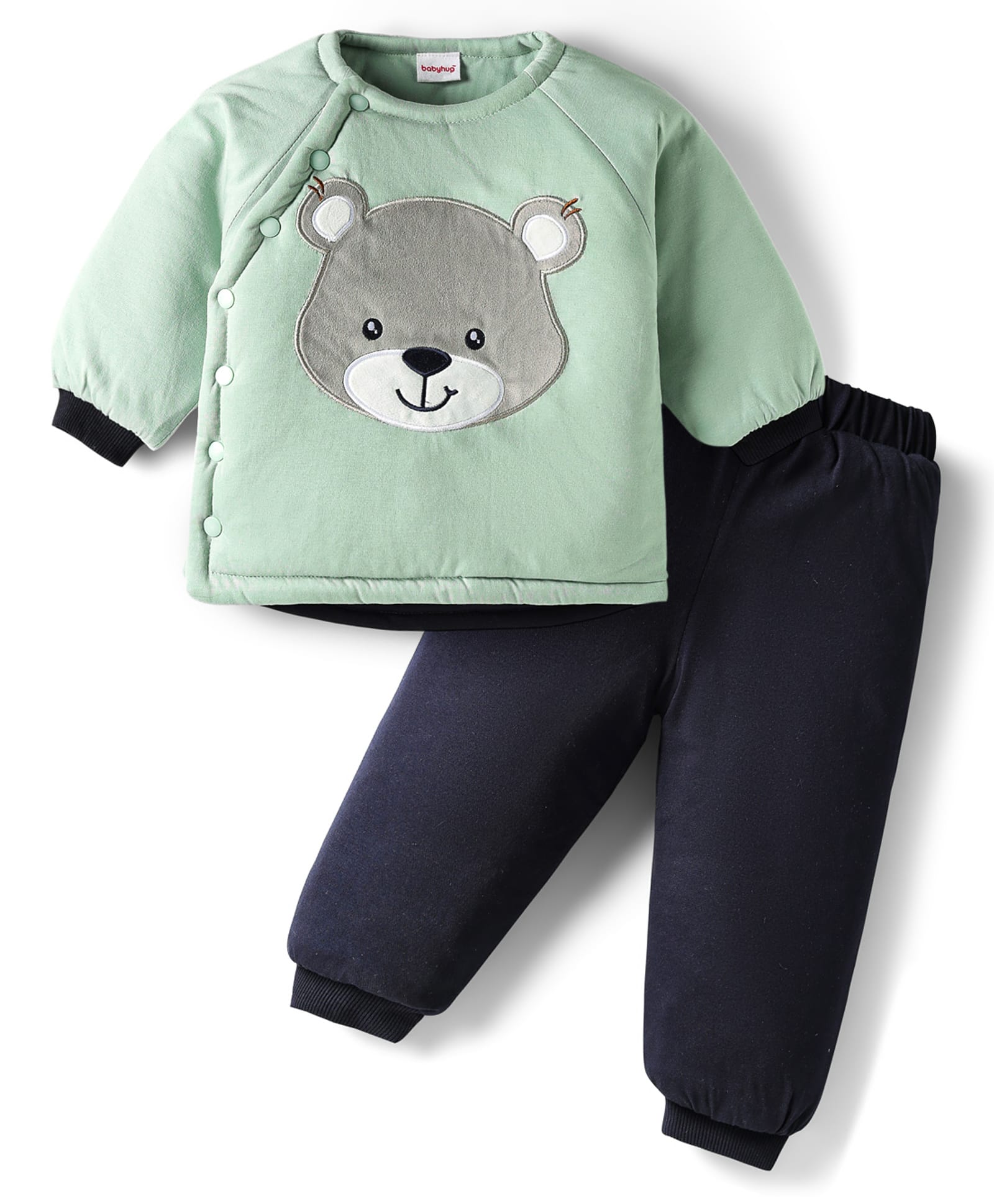 Babyhug Knit Full Raglan Sleeves Winter Wear Sweatshirt & Lounge Pant Set With Teddy Patch - Sea Green & Navy Blue-image-43