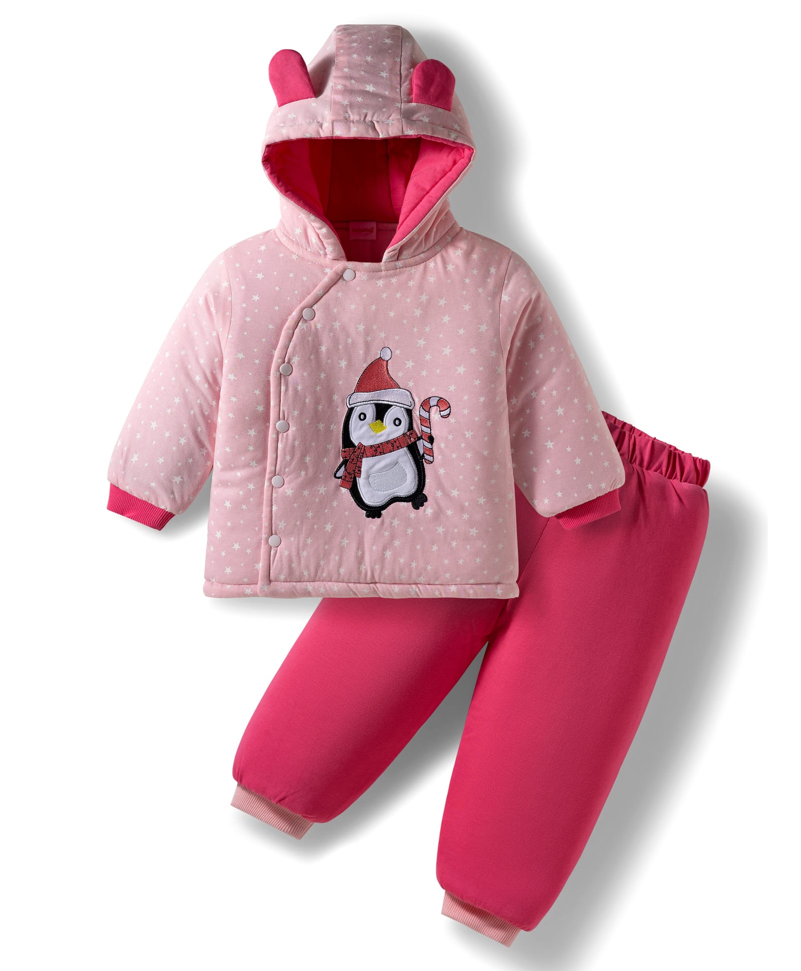 Babyhug Cotton Knit Full Sleeves Hooded Winter Wear Top & Lounge Pant Set With Penguin Embroidery Patch & Star Print - Pink-picture-16