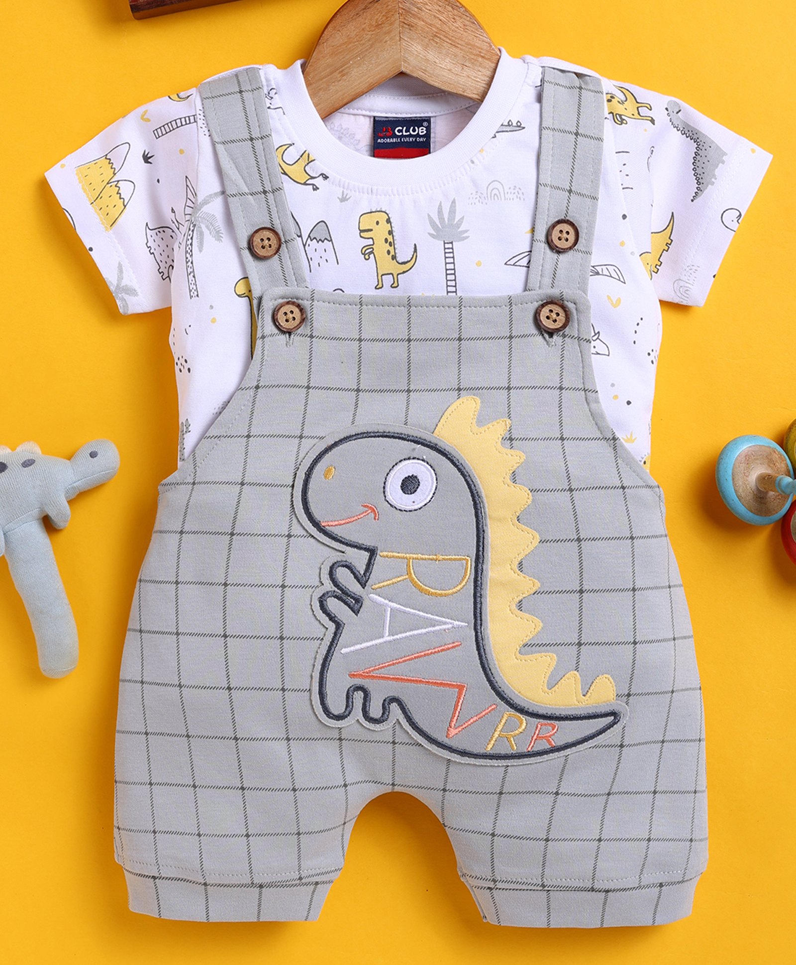 Jb Club Cotton Knit Dinosaur Patch Detailed & Checked Dungaree With Half Sleeves Tee Set - Grey-picture-16