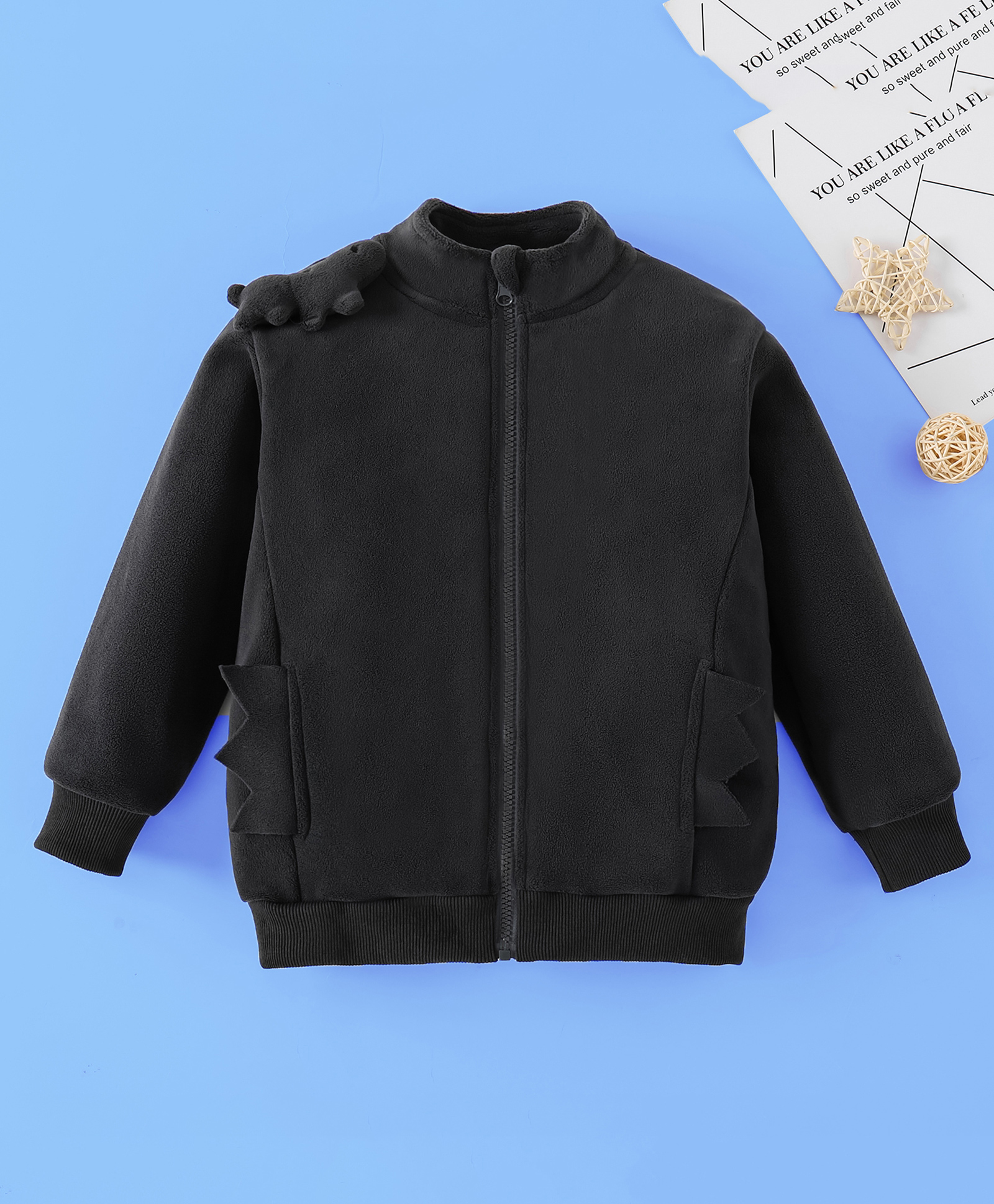 Mark & Mia Full Sleeves Front Open Turtle Neck Jacket With Bear Applique & Pocket - Charcoal Grey-picture-11