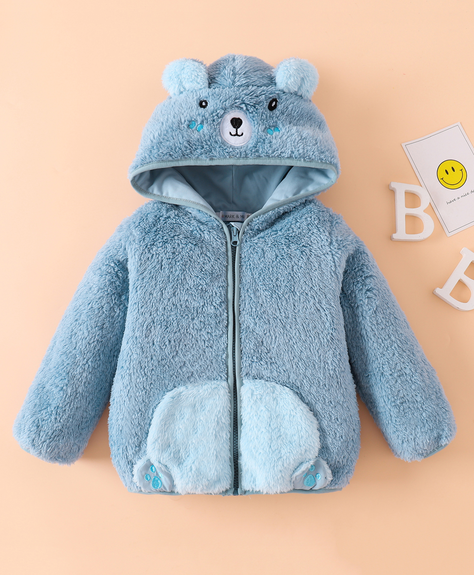 Mark & Mia Full Sleeves Front Open Fur Hooded SweatJacker with Bear Applique - Light Blue-picture-29