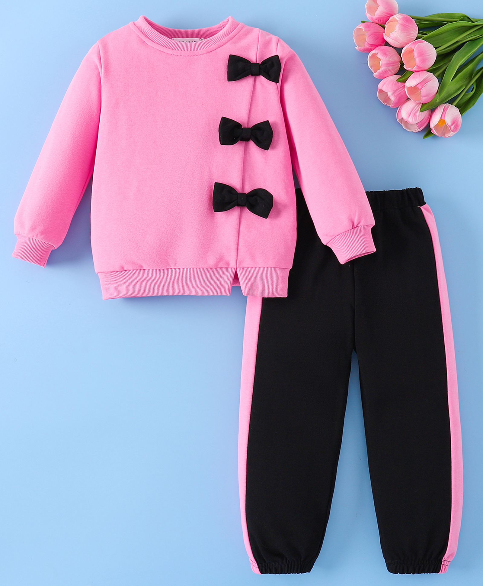 Mark & Mia Full Sleeves Top & Jogger Set with Bow Applique & Tape Detailing - Pink & Black-image-37