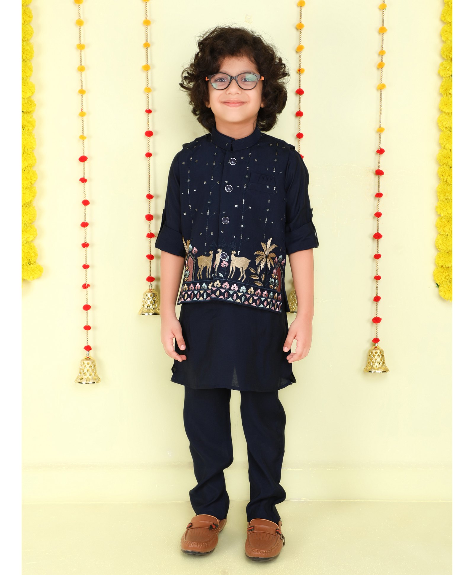 Ministitch Cotton Silk Woven Full Sleeves Solid Kurta & Pant With Animals Foil Printed Jacket Set - Navy Blue-picture-16