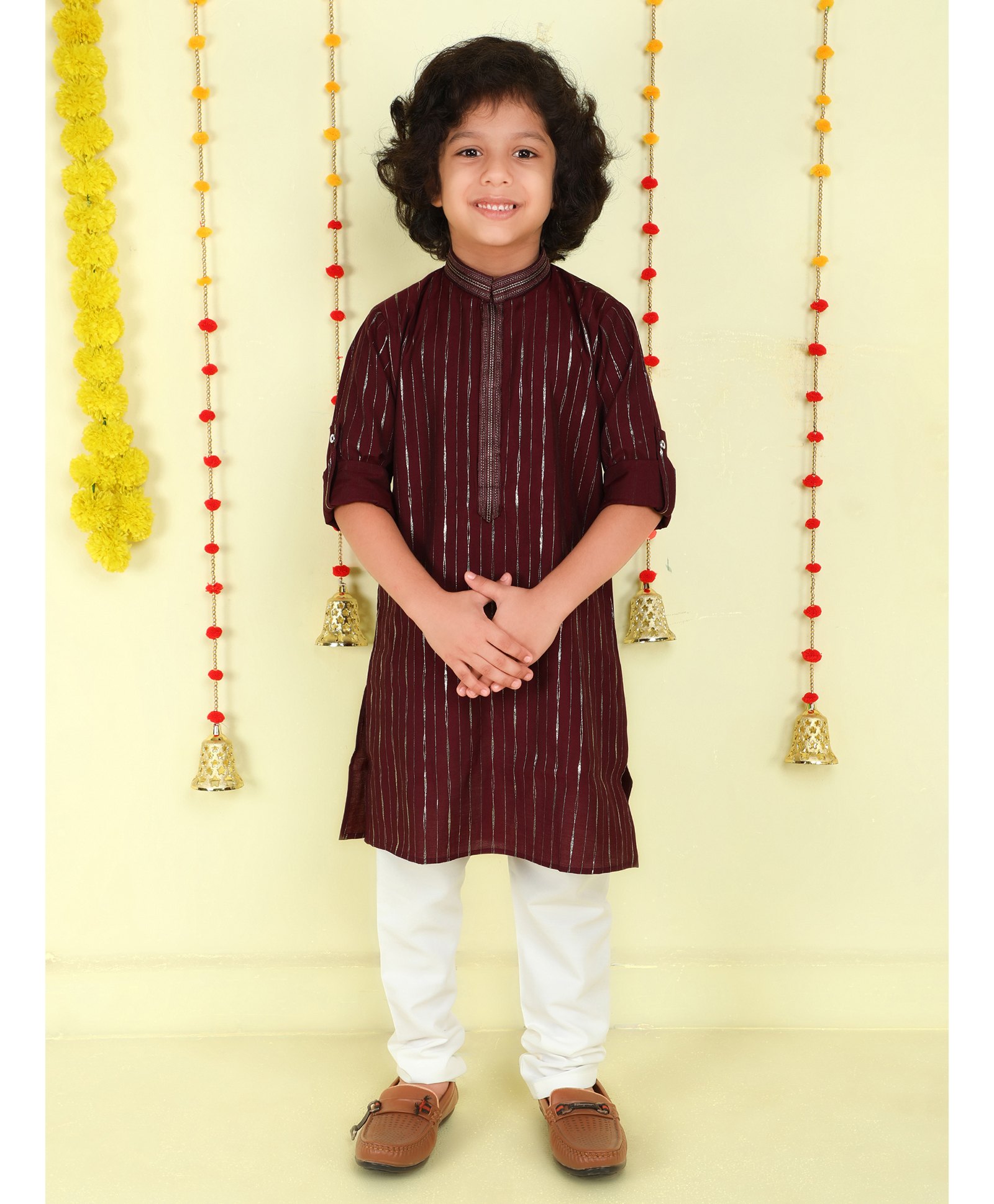 Ministitch Cotton Woven Full Sleeves Foil Striped Kurta Pyjama Set - Wine-picture-6