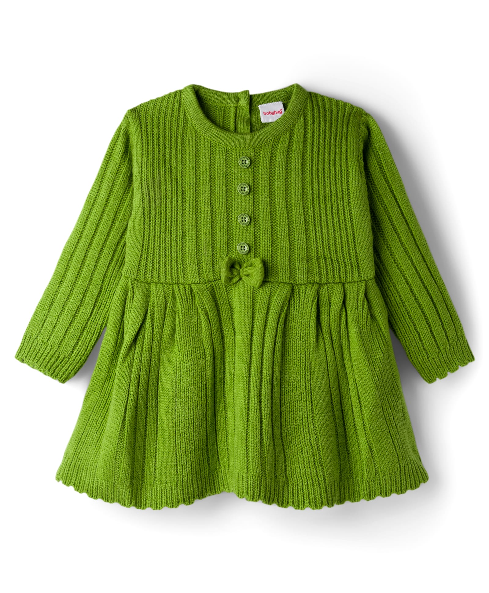 Babyhug Knitted Full Sleeves Solid Woollen Dress With Bow Applique - Green-picture-15