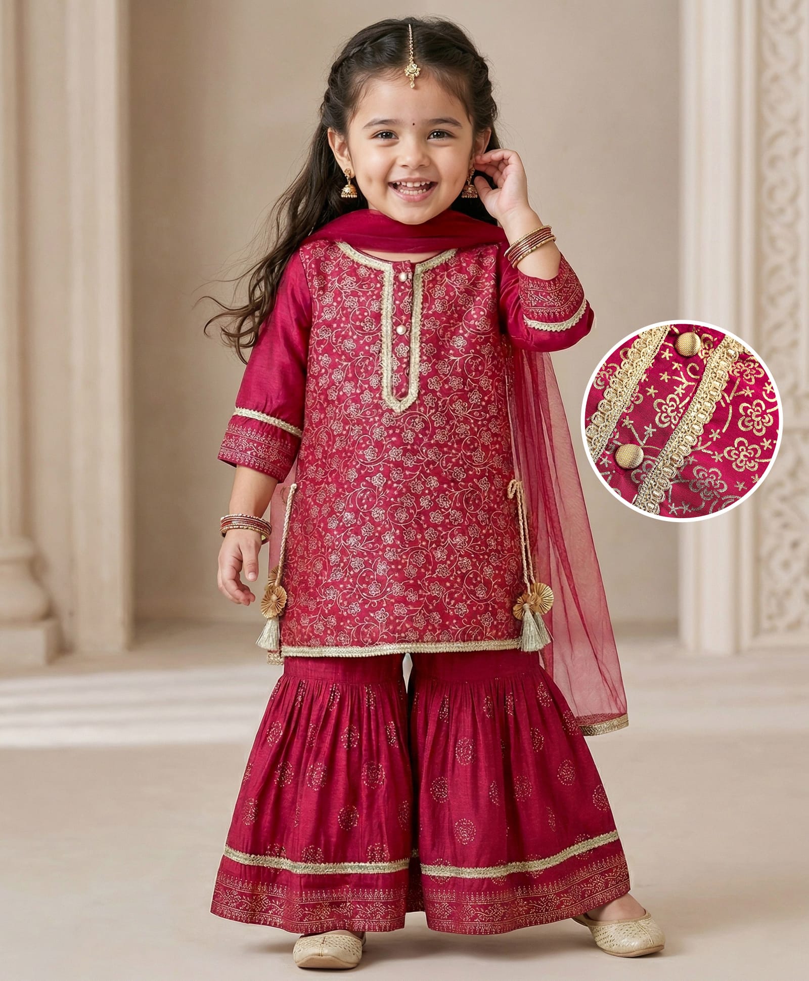 Babyhug Woven Three Fourth Sleeves Kurti Gharara Set with Dupatta & Floral Glitter Print - Maroon-image-29