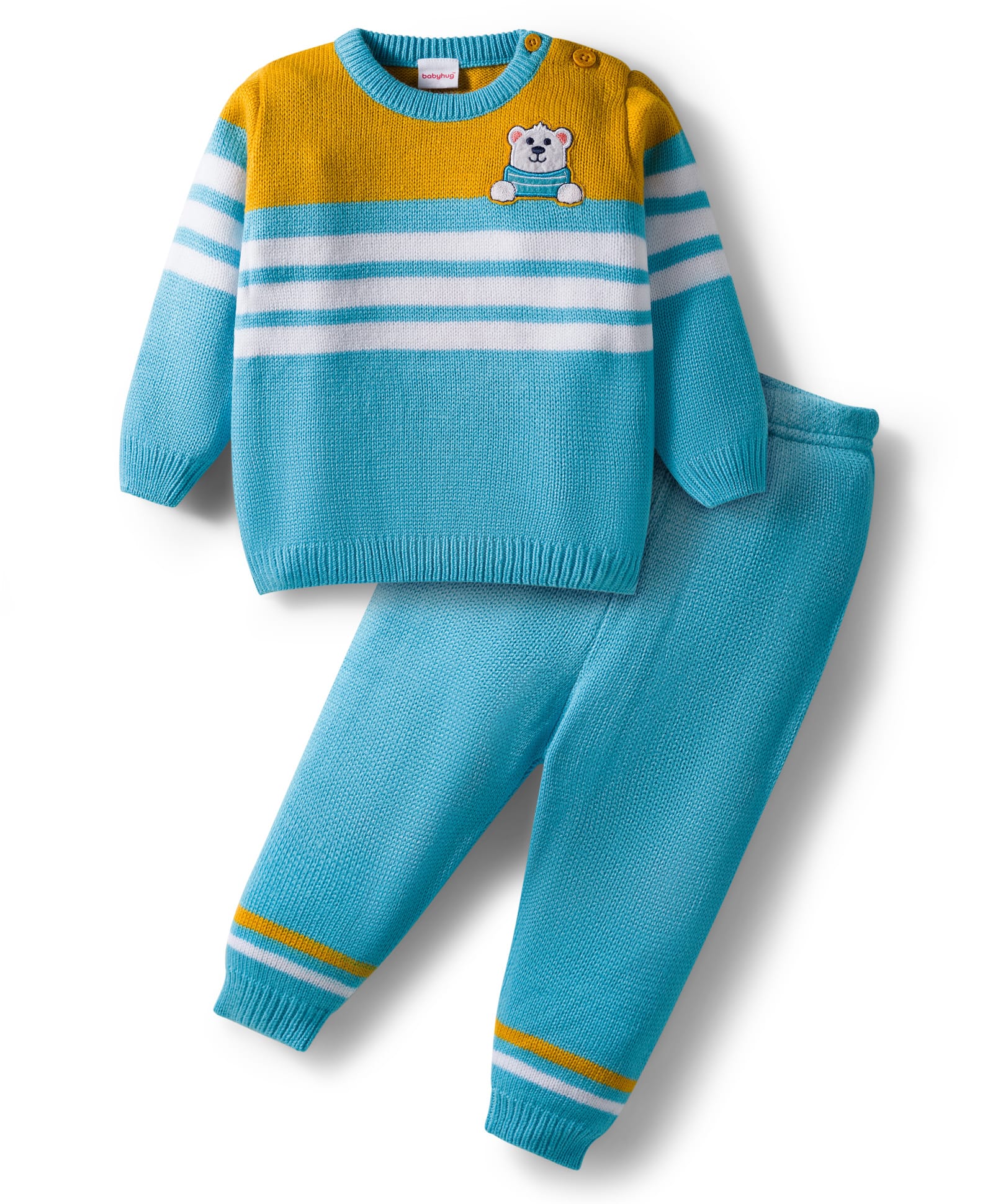 Babyhug Knit Full Sleeves Striped Pullover Sweater Set with Bear Patch Detailing - Aqua Blue-image-39