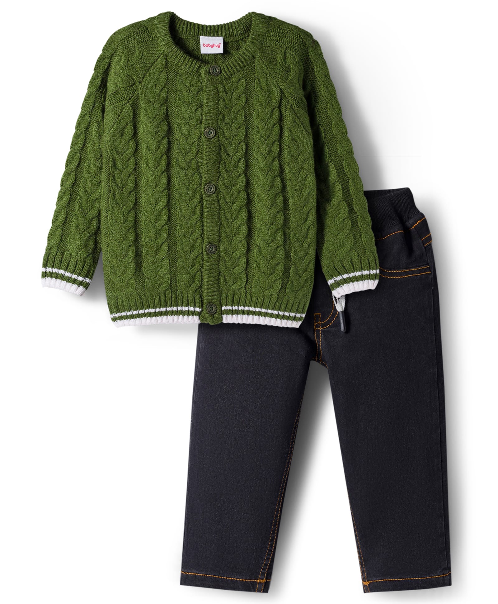 Babyhug Knit Full Raglan Sleeves Front Open Sweater & Pant Set with Cable Knit Design - Olive Green-picture-14
