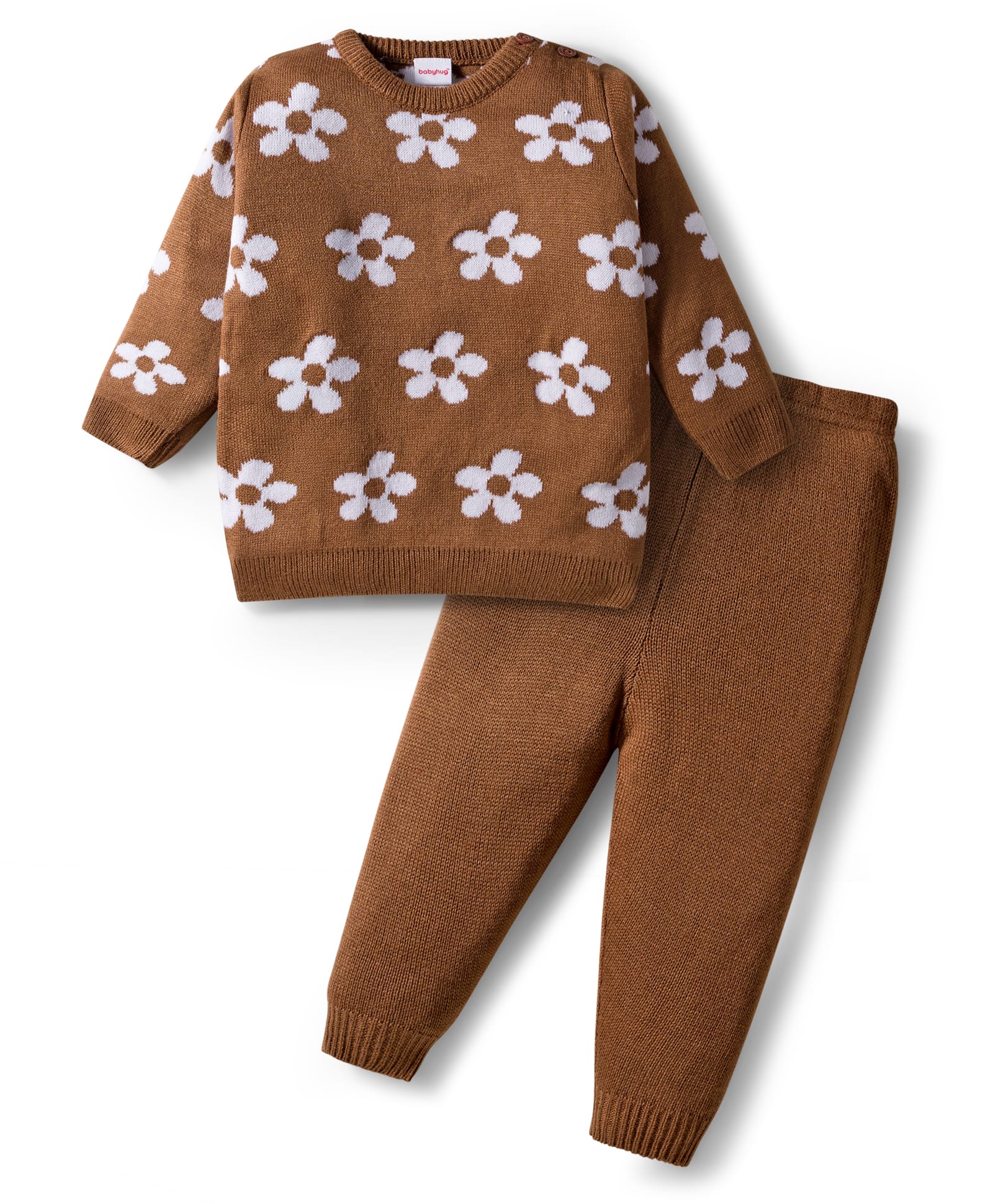 Babyhug Knit Full Sleeves Sweater Set with Floral Design - Brown-picture-18