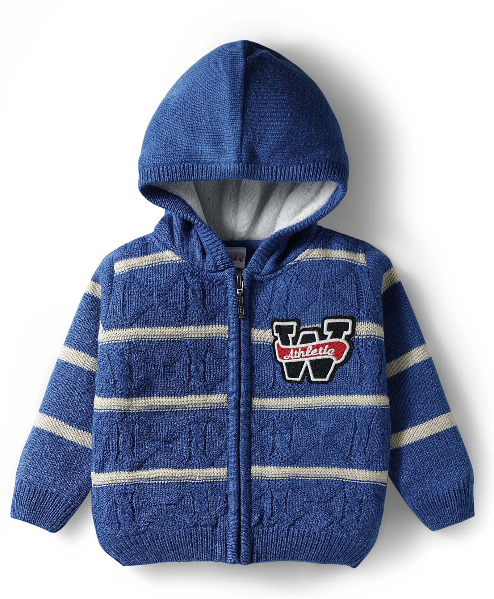 Babyhug Knit Full Sleeves Front Open Hooded Sweater with Cable Knit Design Stripes & Patch Detailing - Royal Blue-image-41
