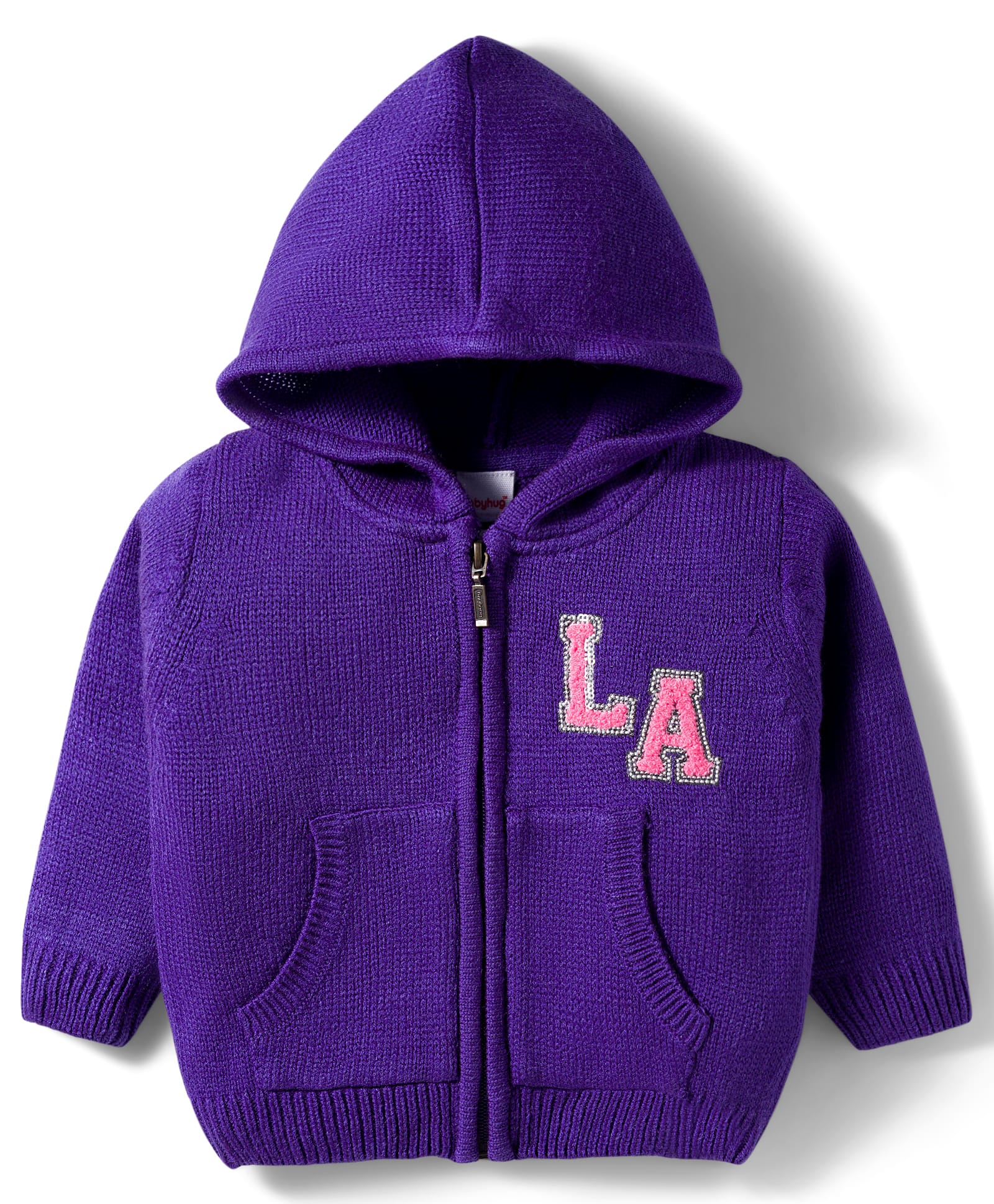 Babyhug Knitted Full Sleeves Hooded Front Open Sweater With LA Embroidery & Kangaroo Pockets - Purple-image-31