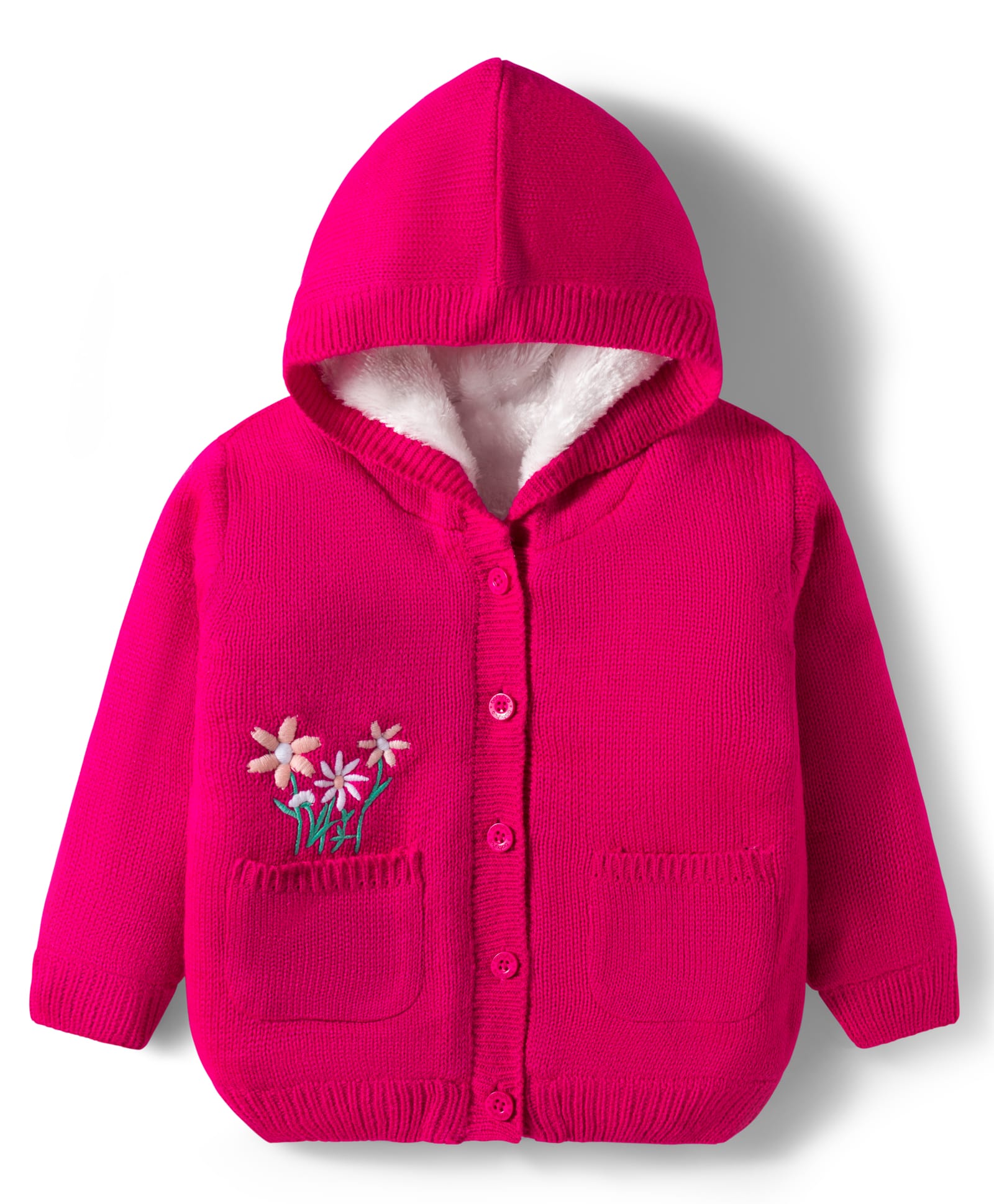 Babyhug Knit Full Sleeves Front Open Hooded Sweater with Floral Embroidery - Pink-image-26
