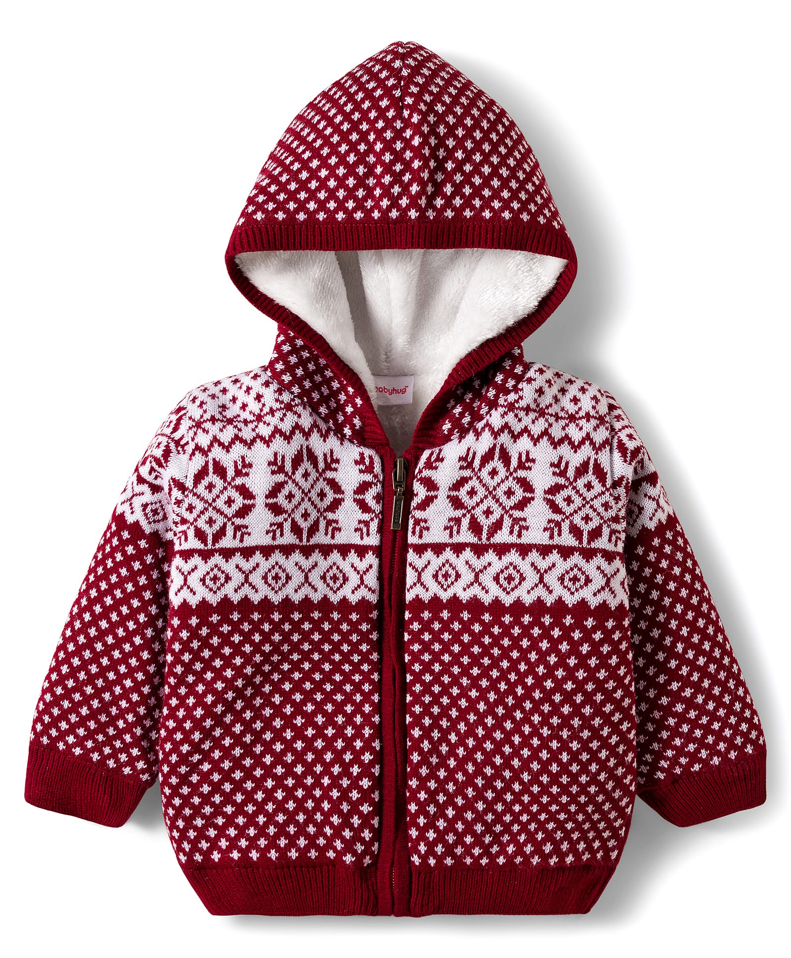 Babyhug Knit Full Sleeves Front Open Hooded Sweater With Aztec Design - Red-image-35