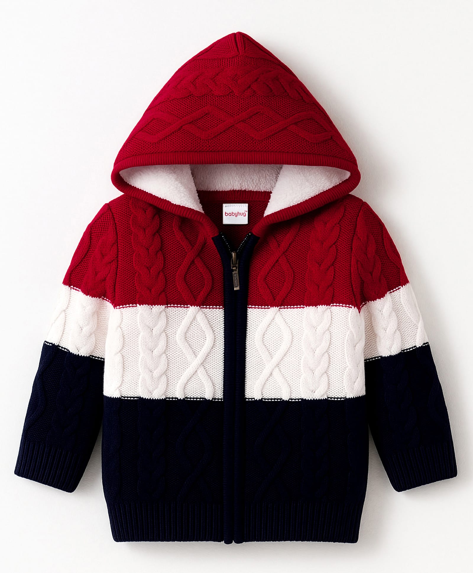 Babyhug Woven Full Sleeves Hooded Front Open Sweater With Color Block & Cable Knit Design - Red White & Navy Blue-picture-34