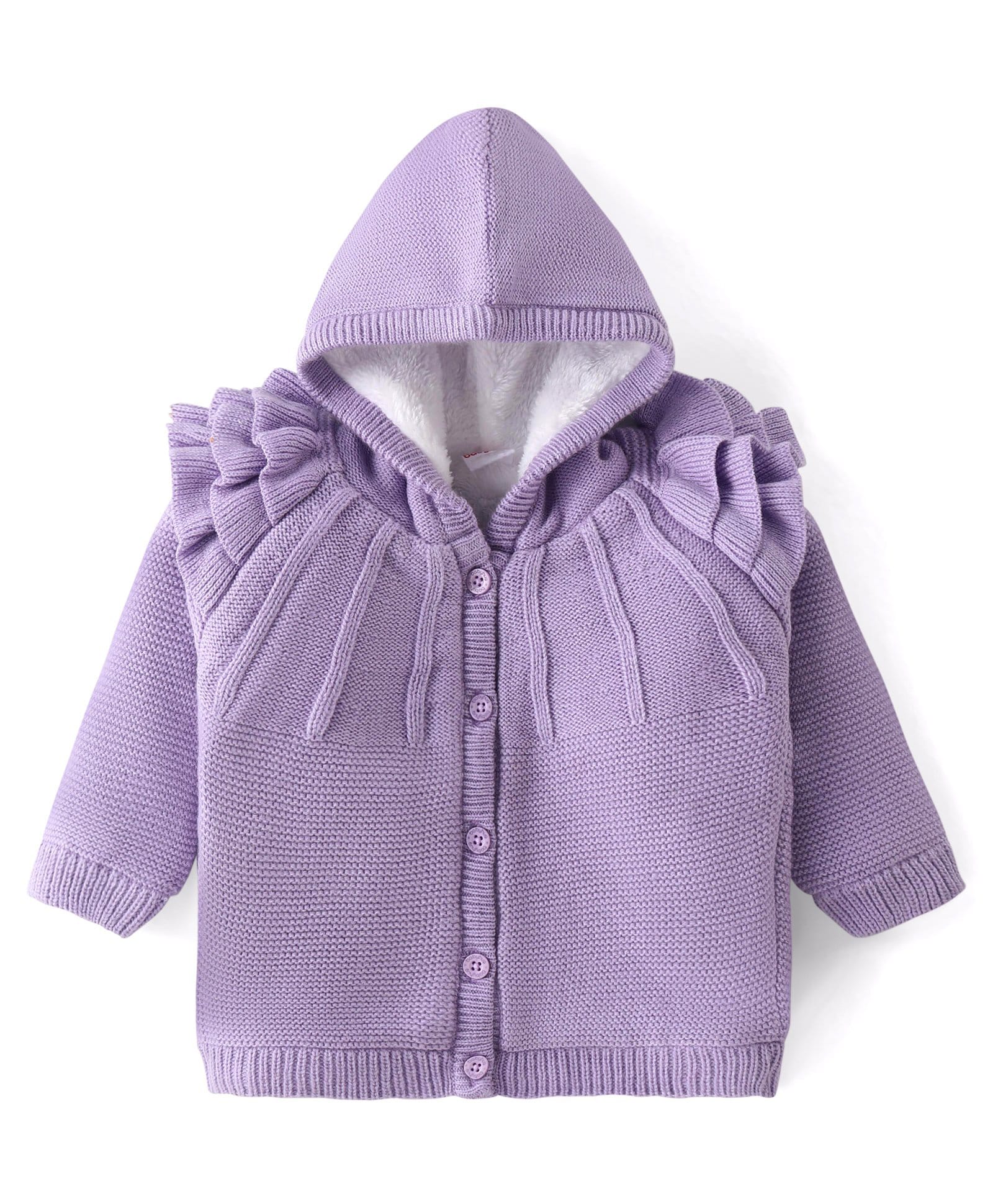 Babyhug Knit Full Sleeves Solid Color Hooded Front Open Sweater with Frill Detailing - Lavender-image-33