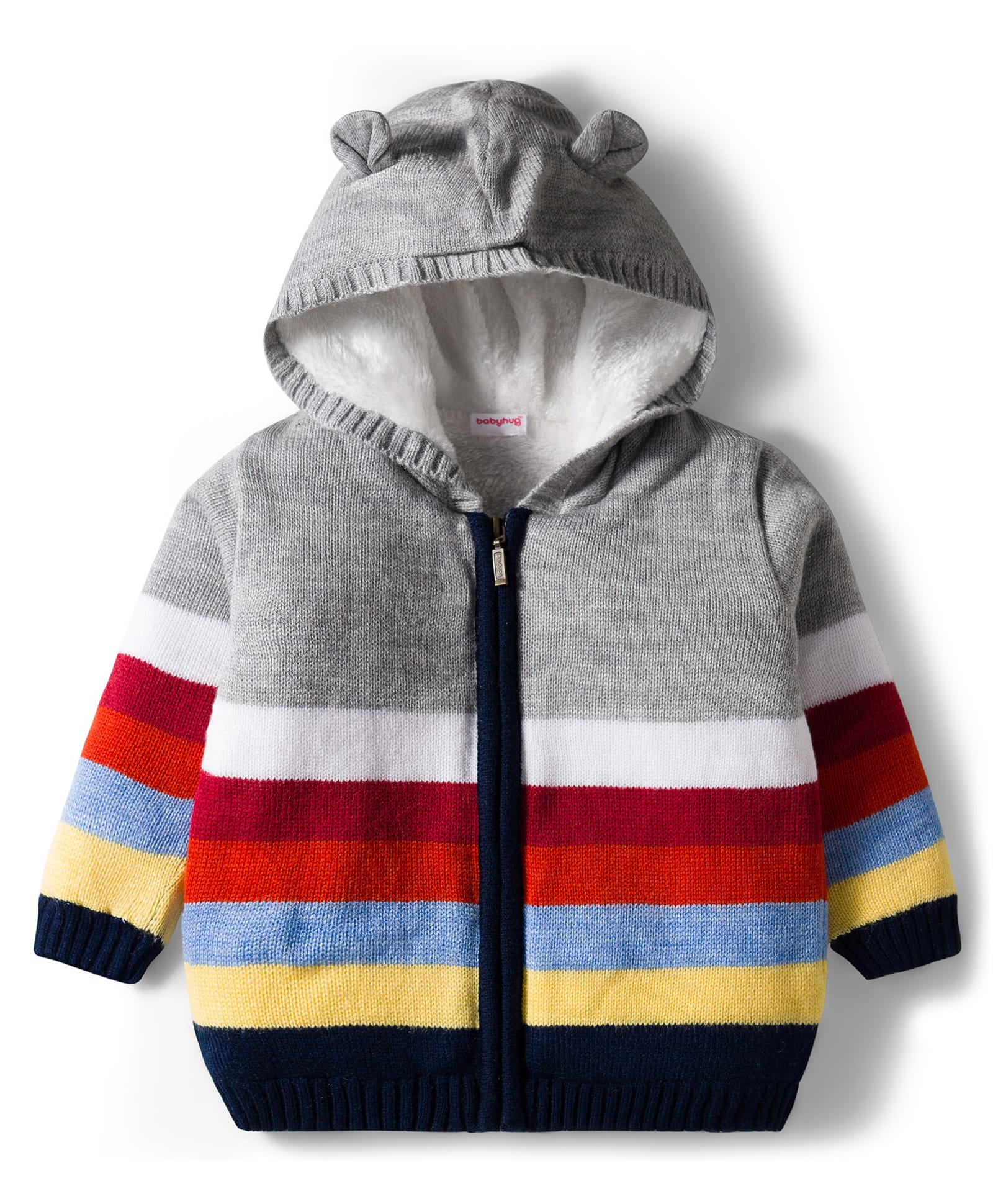 Babyhug Knit Full Sleeves Front Open Hooded Sweater with Color Block & Ear Applique - Grey-image-18