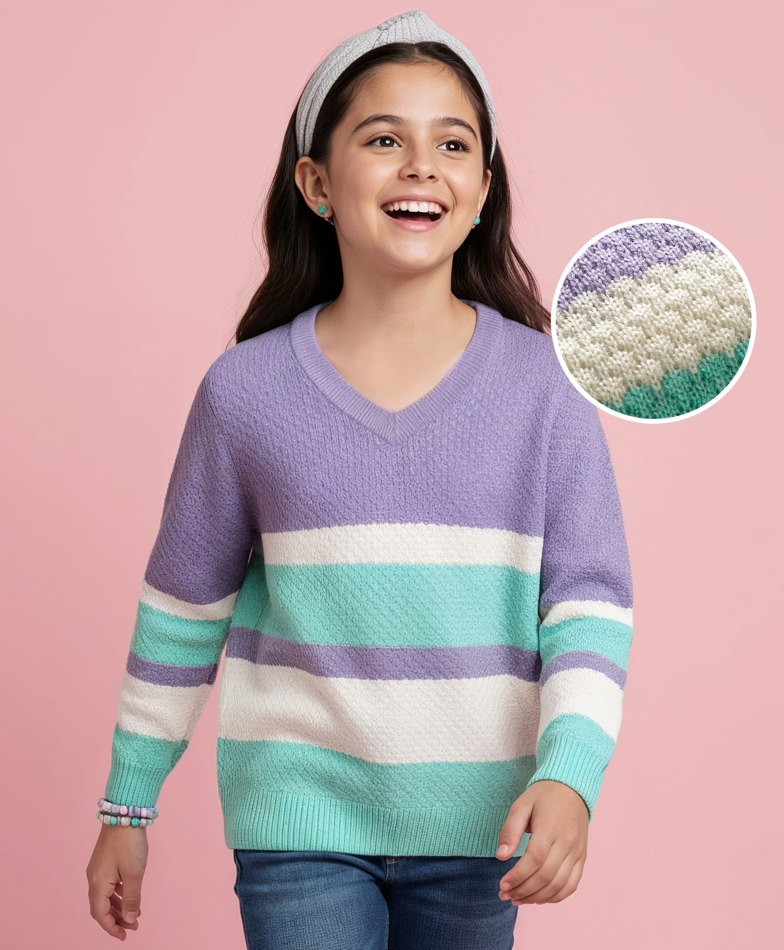 Pine Kids Knitted Full Sleeves Striped Pullover Sweater - Purple-picture-13