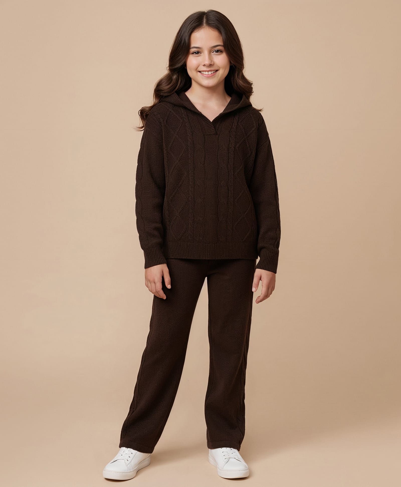 Pine Kids Knit Full Sleeves Hooded Sweater Set With Cable Knit Design - Brown-picture-36