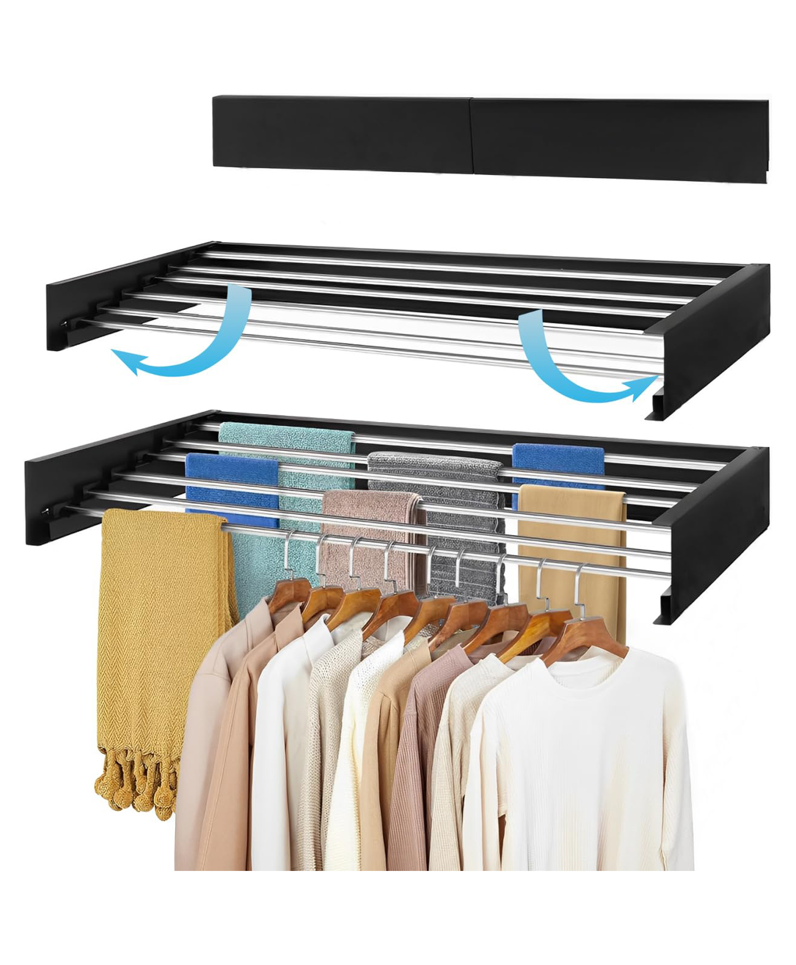 JD FRESH Foldable Wall Mount Collapsible Clothe Drying Stand for Balcony with 5 Rods- Black-image-48