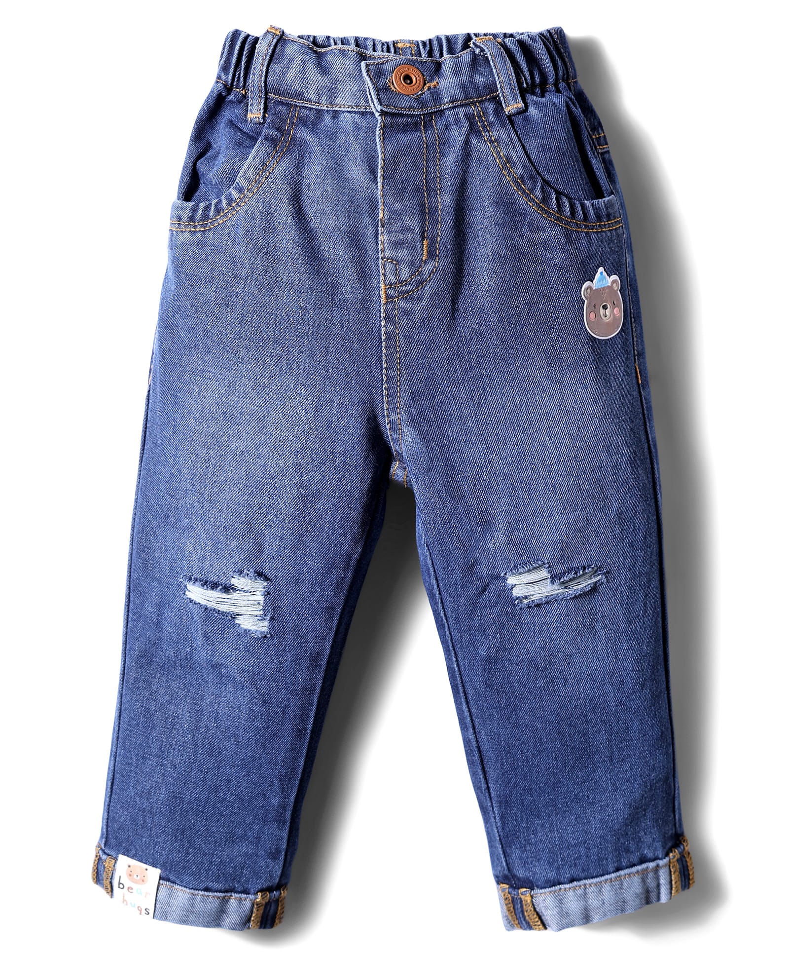 Little Kangaroos Denim Woven Full Length Distressed Jeans With Bear Patch - Navy Blue-picture-16