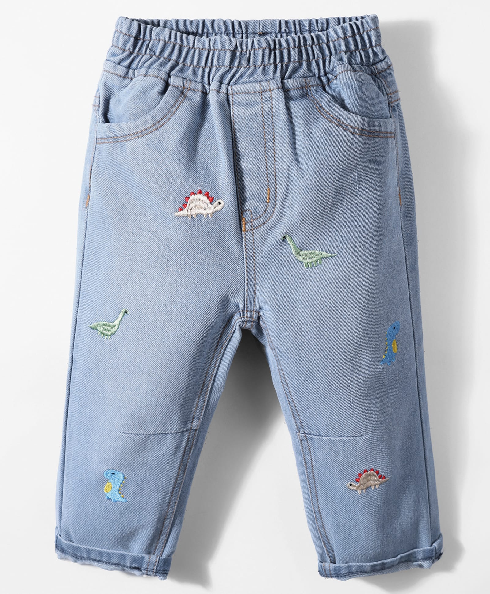 Little Kangaroos Woven Full Length Denim Jeans With Dino Embroidery - Light Blue-image-28
