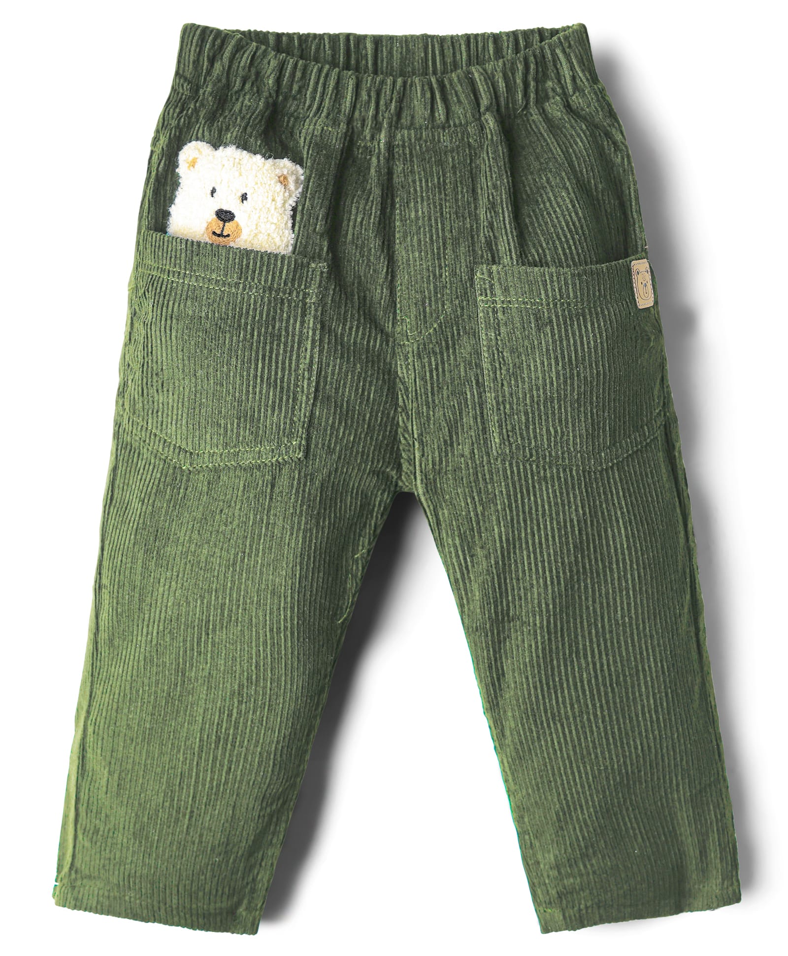 Little Kangaroos Corduroy Woven Full Length Trouser With Teddy Bear Patch - Oilve Green-image-20