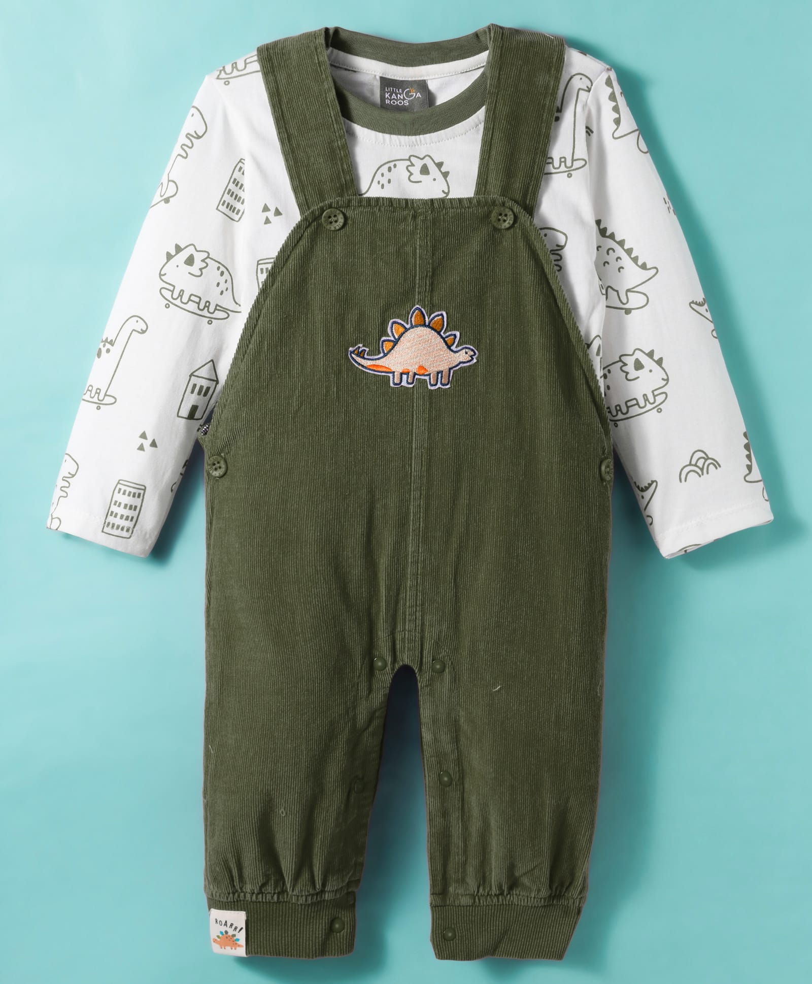 Little Kangaroos Cotton Woven Full Sleeves Dungarees With Dino Printed T-Shirt - Olive Green-picture-28