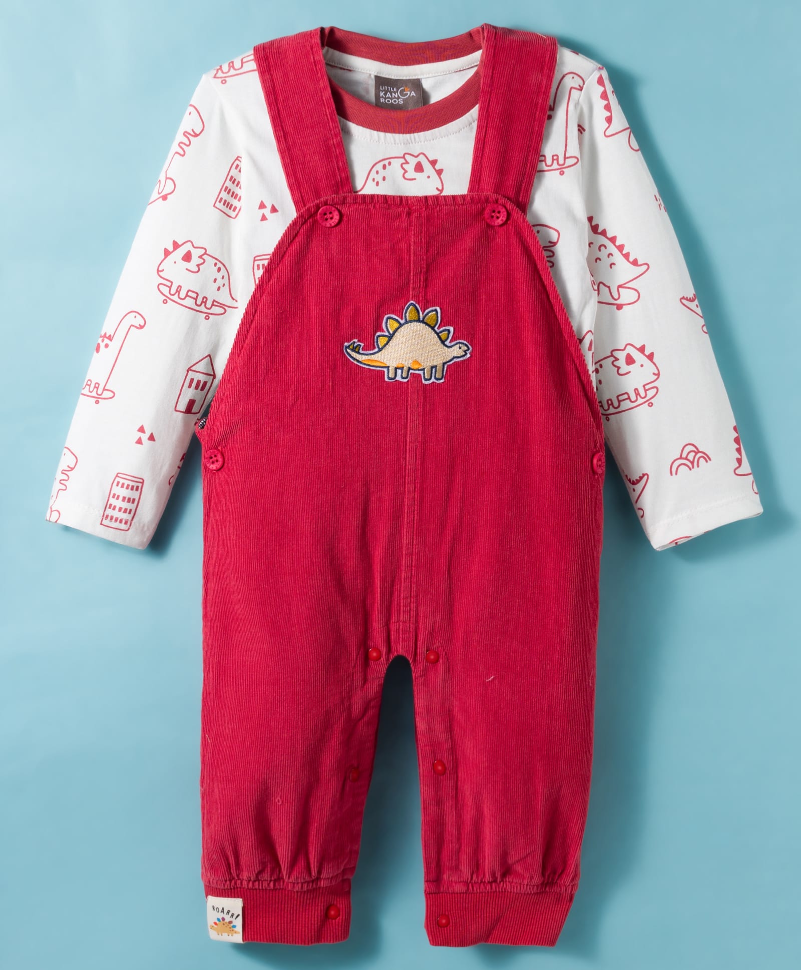 Little Kangaroos Cotton Woven Full Sleeves Dungarees With Dino Printed T-Shirt - Red-picture-16