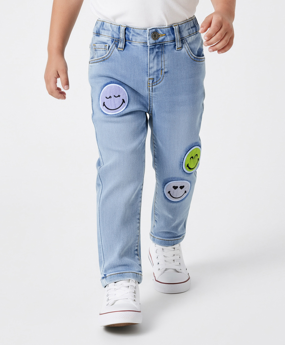 Bonfino Woven Full Length Denim Washed Jeans With Smiley Patch - Blue-picture-24